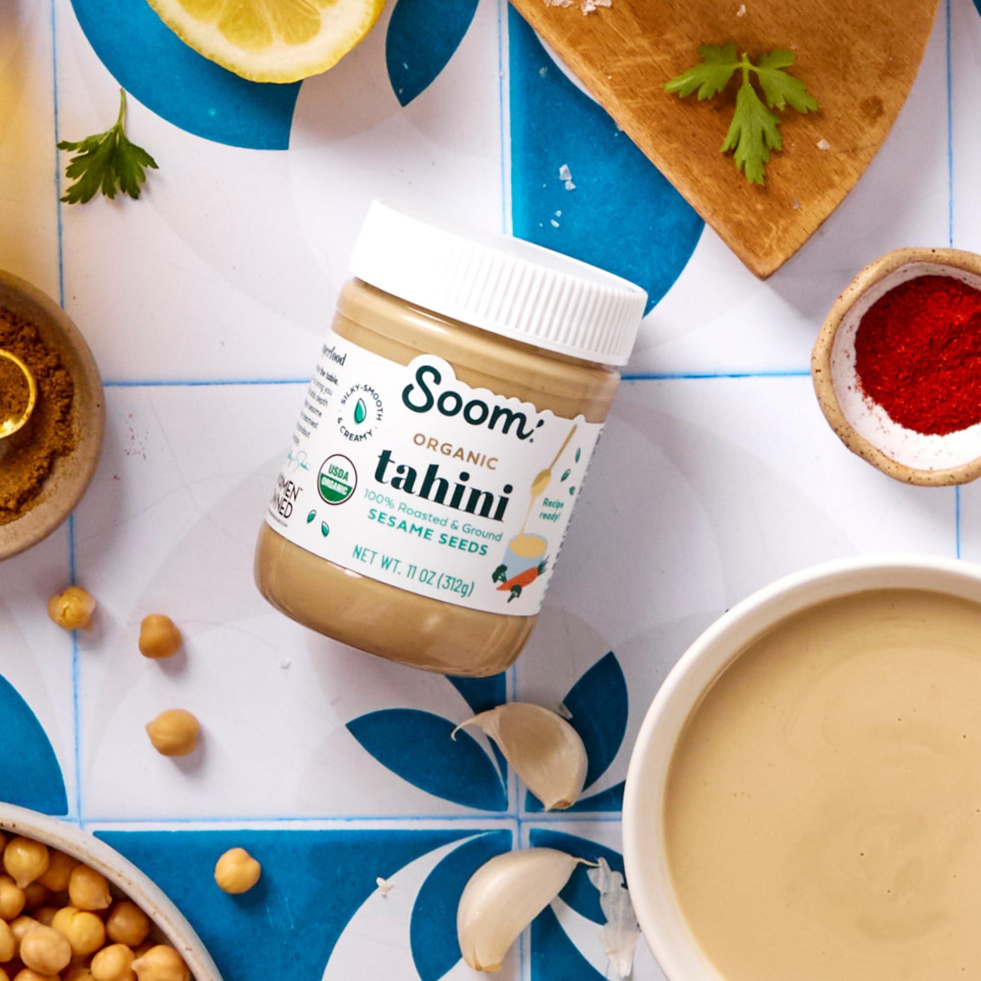 Soom Soom Foods Organic Tahini 11oz (2 Pack) | Roasted & Ground Sesame Seed Paste | Creamy Texture for Hummus, Sauces, Dips, Dressings | Vegan, Peanut-Free, Nut-Free, Gluten-Free, Dairy-Free, Keto, Paleo, Kosher | All-Natural