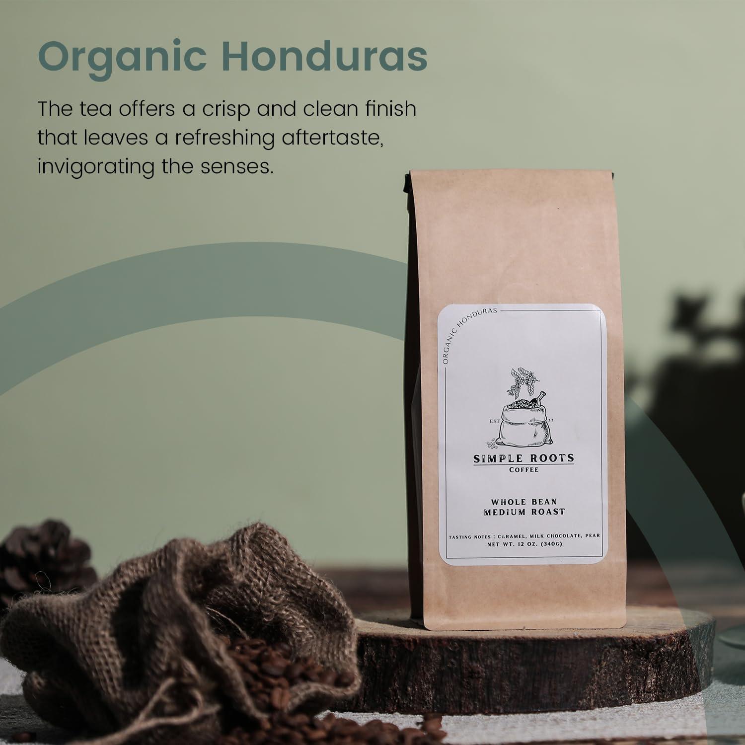 Simple Roots Coffee Organic Honduras Whole Coffee Beans - Medium Roast, High Acidity, Low Body, Sweet Caramel & Milk Chocolate Flavor (Whole Bean, 12 Oz)