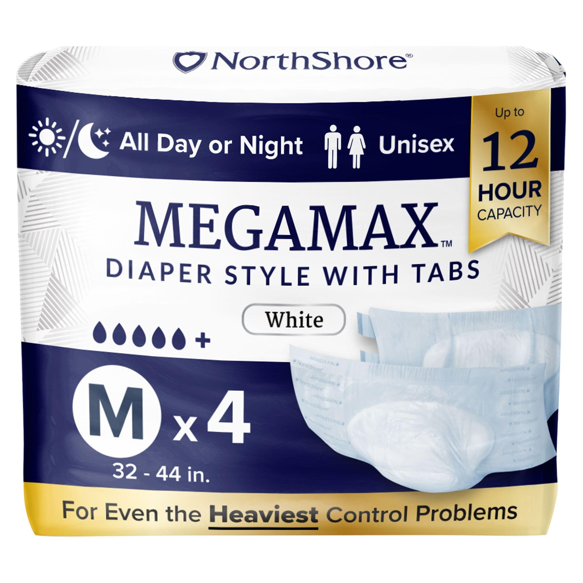 NorthShore NorthShore MegaMax Adult Overnight Diapers, 12-Hour Tab-Style, Medium, 4 Count Trial, White, 32-44 inches, Unisex Incontinence Underwear