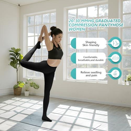 Laubawck Compression Pantyhose Stockings for Women Men, 20-30 mmHg Medical Graduated Support Opaque Closed Toe Hose Tights for Swelling, Edema Varicose Veins Waist High Compression Stockings