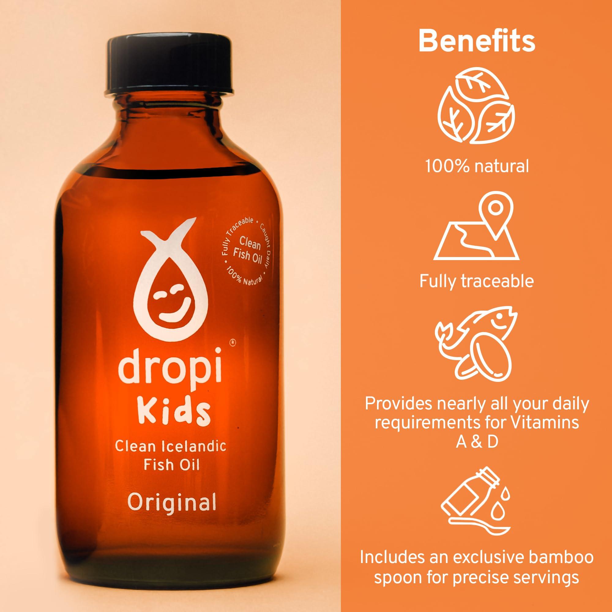 Dropi Dropi Kids Omega 3 Fish Oil Liquid - Maximum Strength Omega-3s EPA, DHA, Vitamin A & D - Extra Virgin Cod Liver Oil Food Supplement - Immune System, Brain Health & Joint Support - 3.7 Fl Oz