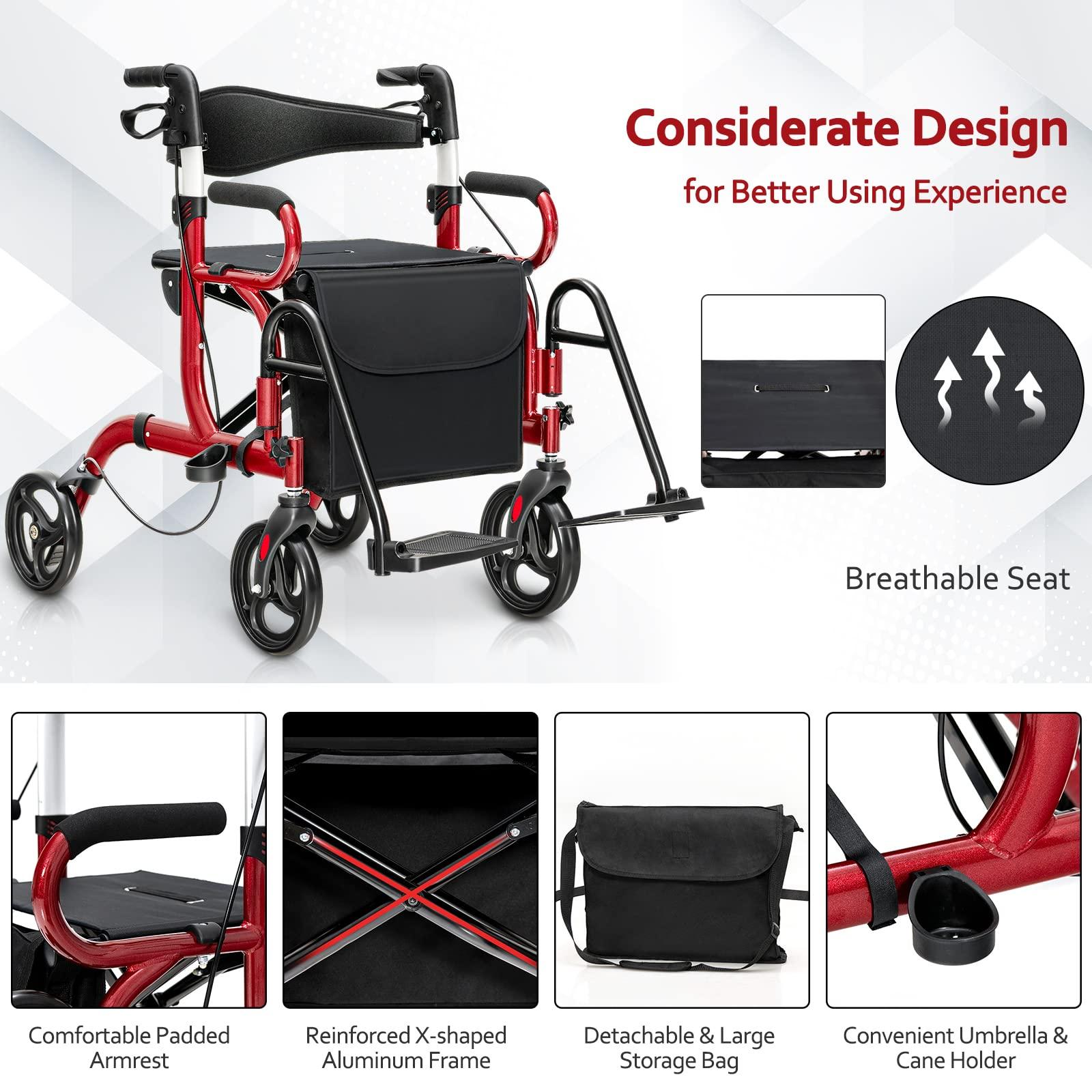 GOFLAME GOFLAME 2-in-1 Rollator Walker for Seniors, Folding Transport Chair with Seat, Reversible Backrest, Storage Bag, Height Adjustable Handle, Umbrella Holder & Pedal, 4 Wheel Mobility Walking Aid, Red