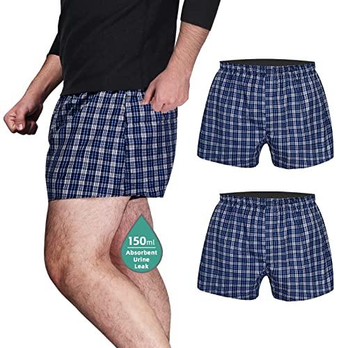 TIICHOO TIICHOO Incontinence Underwear for Men Washable Urinary Incontinence Boxer with Front Fly Regular Absorbency Mens Leak Proof Underwear 2 Pack(Medium, Blue Plaid)