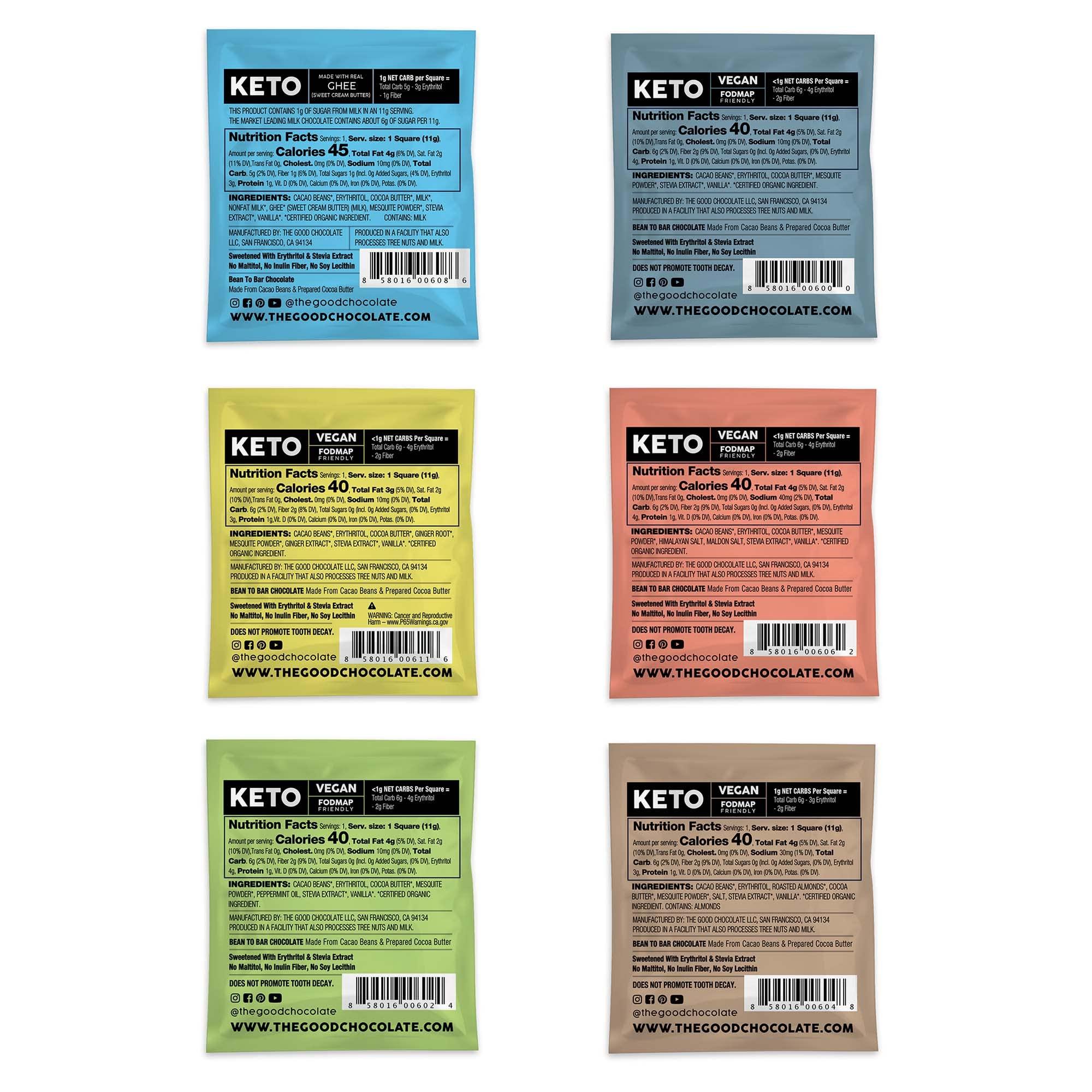 The Good Chocolate THE GOOD CHOCOLATE - Keto Chocolate Variety Pack with Zero Sugar & Lower Net Carb Snack - Keto Chocolate Bars offer Lower Calorie Chocolate Candy - Keto Snacks Low Carb - 6 Flavors, 18 Square Pack