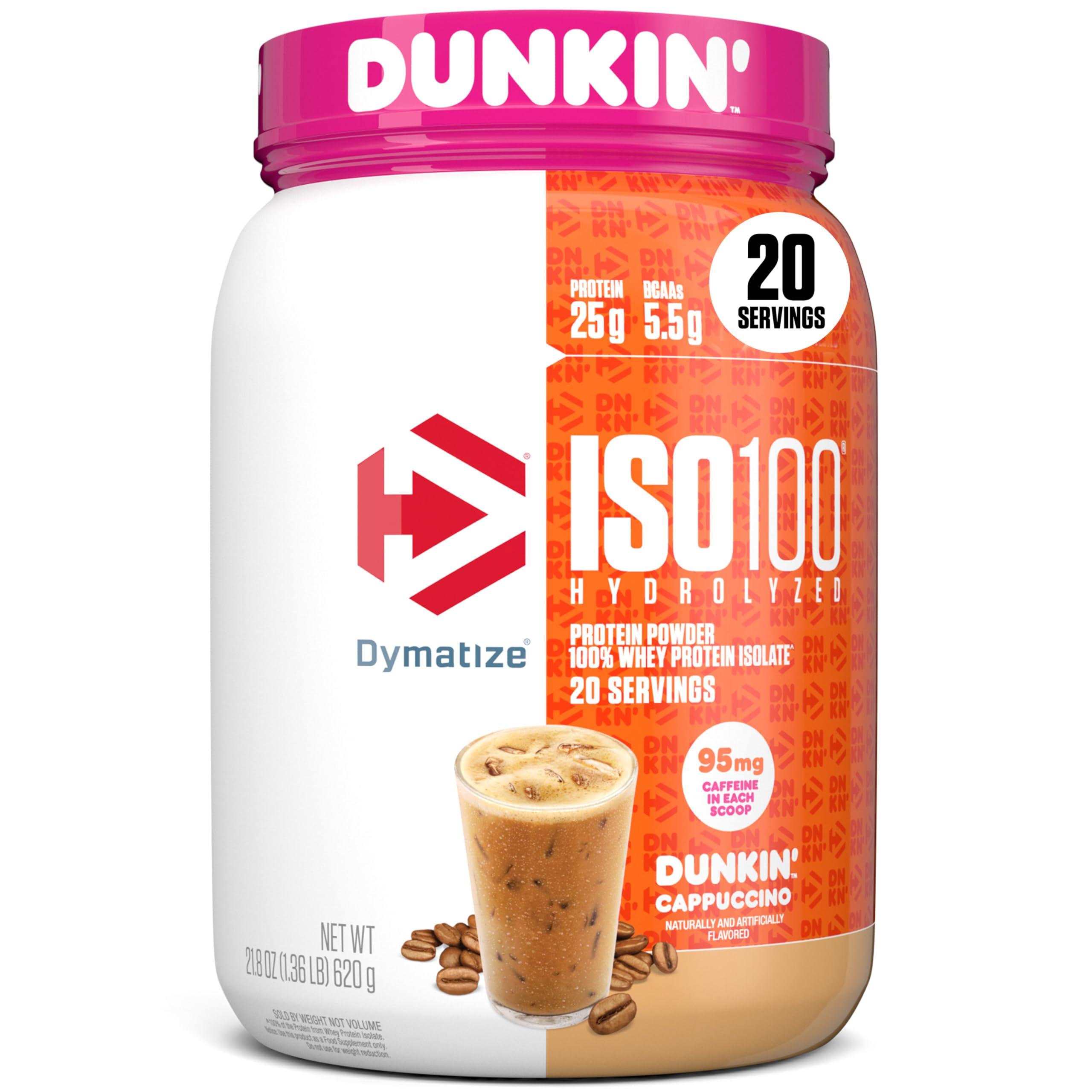 Dymatize Dymatize ISO100 Hydrolyzed 100% Whey Isolate Protein Powder in Dunkin\' Cappuccino Flavor, 25g Protein, 95mg Caffeine, 5.5g BCAAs, Gluten Free, Fast Absorbing, Easy Digesting, 21.5 Oz