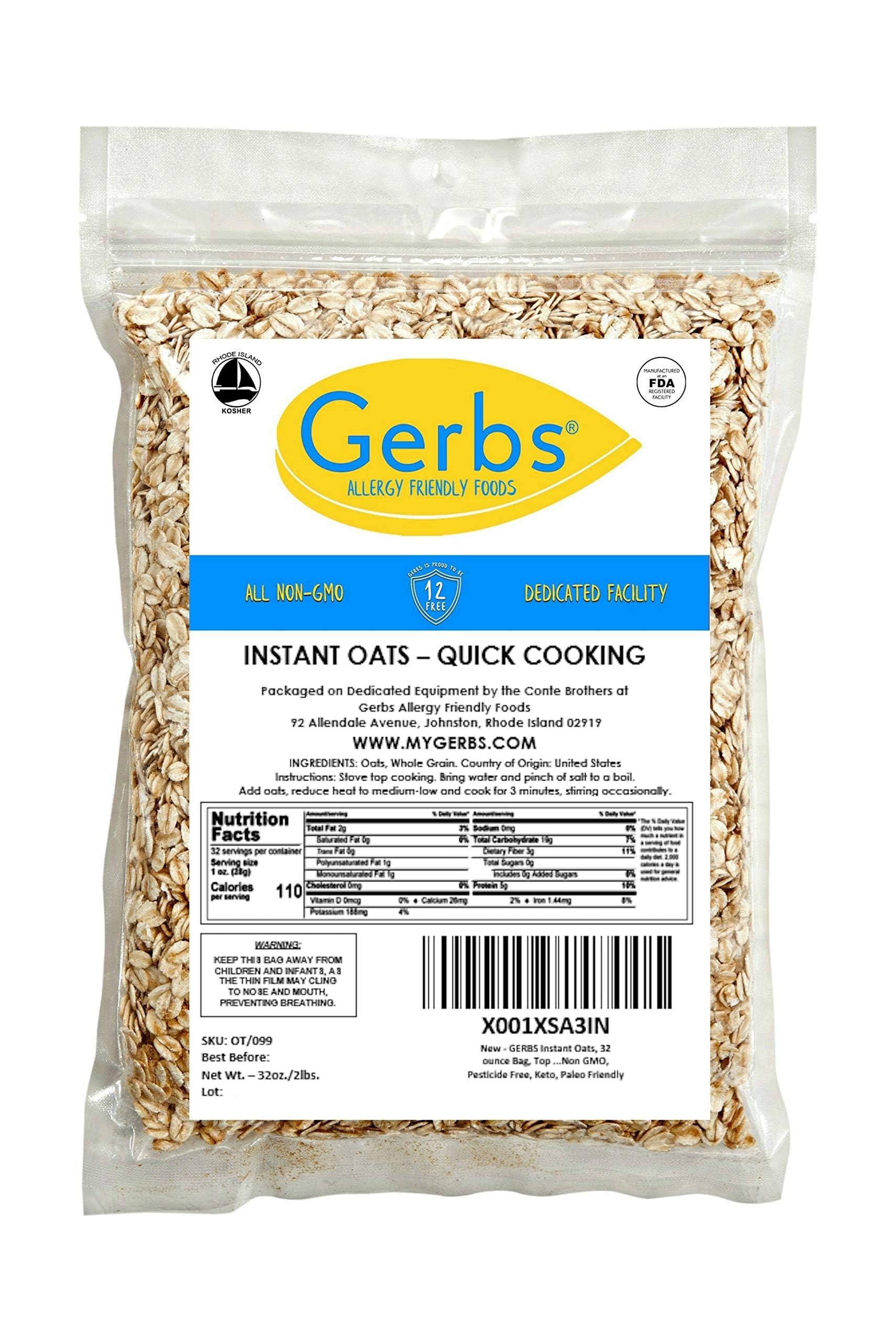 GERBS GERBS Gluten Free Instant Oats, 2 LBS. Premium Grade | Top 14 Food Allergy Free | Freshly harvested in Resealable Bulk Bag | Gluten Peanut Tree Nut Free