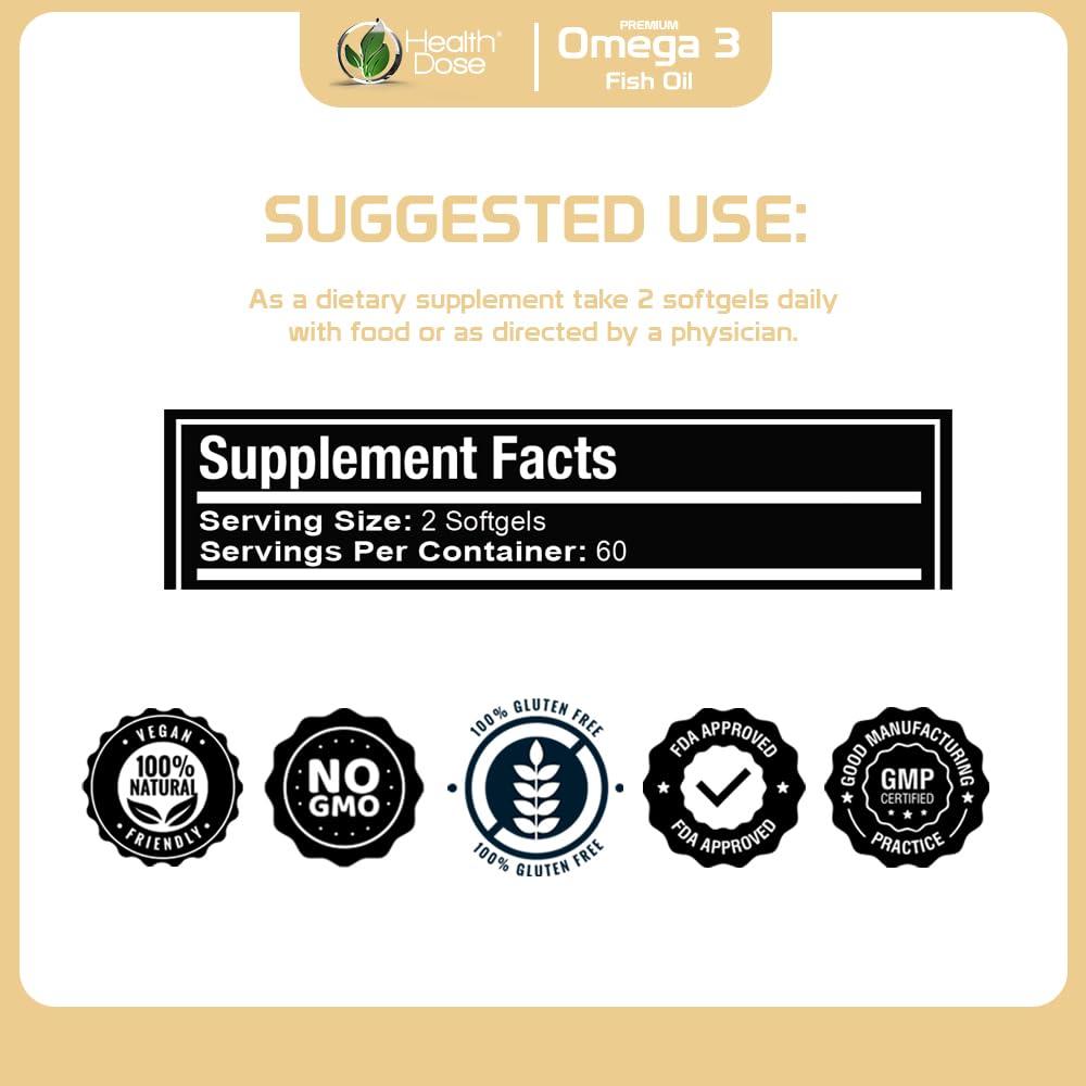 Health Dose Health Dose Omega 3 Fish Oil  Lemon-Flavored Softgels with EPA & DHA for Brain, Heart, and Wellness Support  Easy-to-Digest, No Fish Burps  120 Softgels, 2-Month Supply