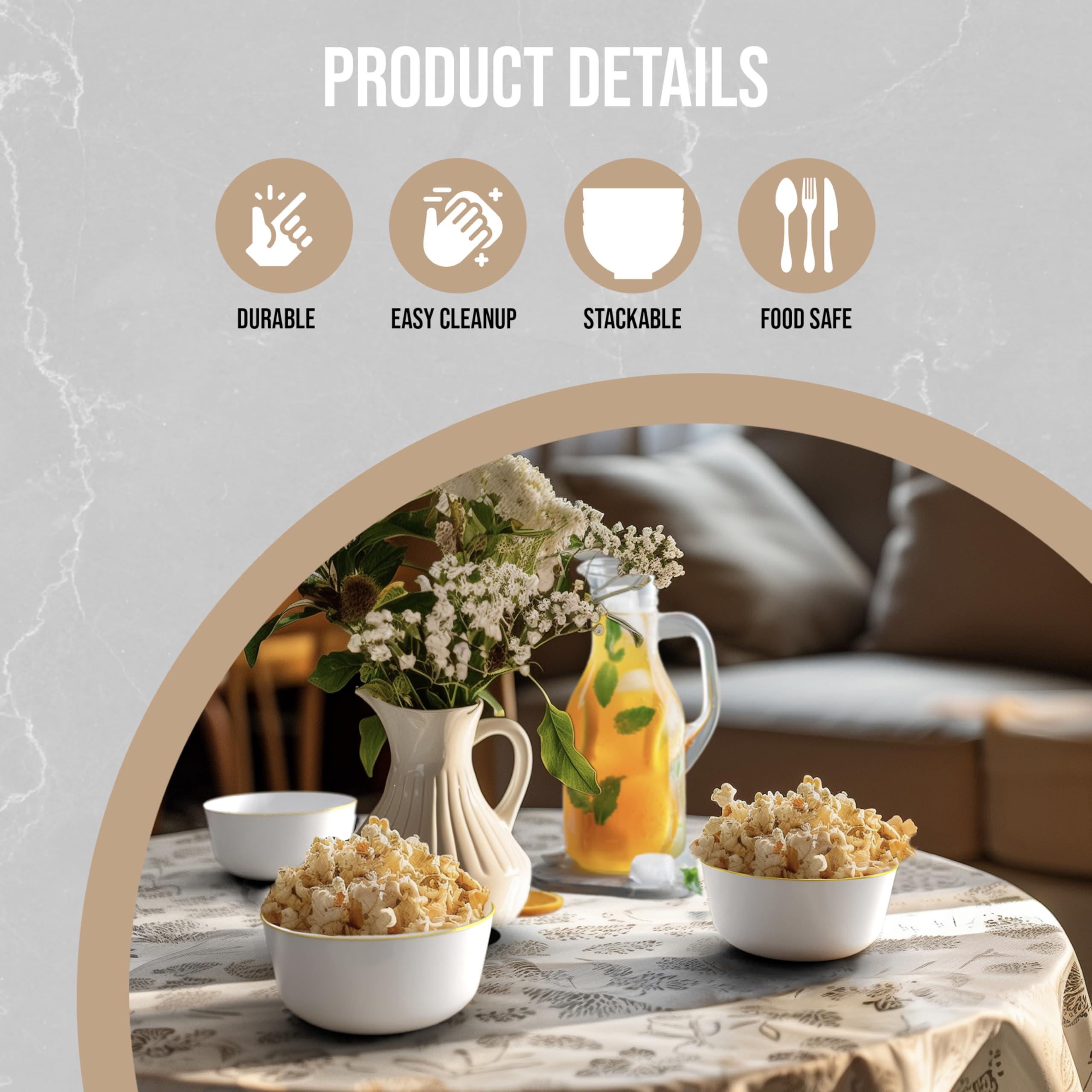 Trendables White With Gold Rim Plastic Bowls Disposable - 16 Oz Plastic Bowl 30 Count - Disposable Soup Bowls - Large Plastic Bowls - Heavy Duty Cereal Bowl - Plastic Serving Bowls For Weddings And Parties