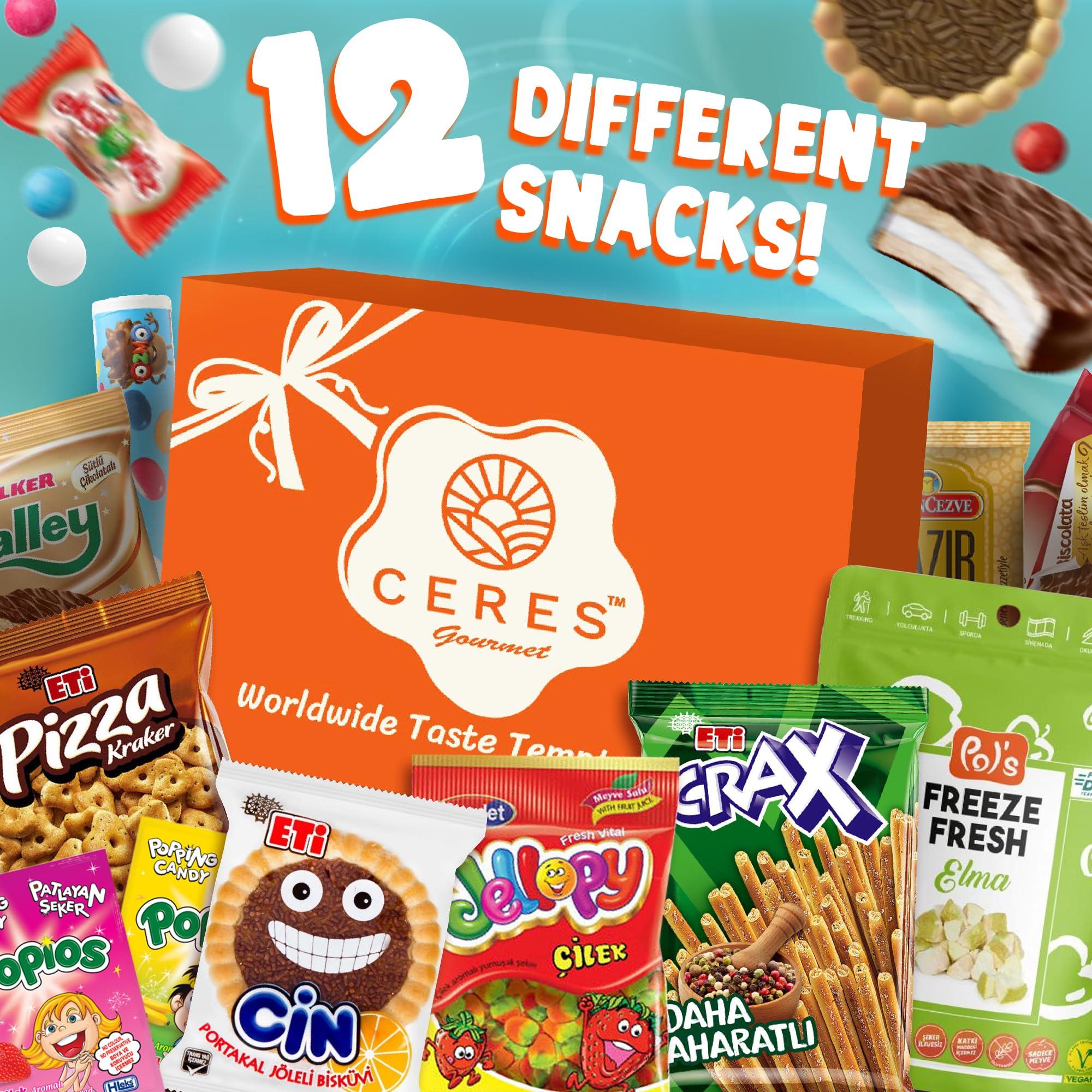 Ceres Gourmet International Snack Box Variety Pack, 12 Different Snacks with 15+ Pieces Count Premium Foreign Rare Snacks and Candies, Sweet & Sour Candy Pack for Christmas Thanksgiving or More