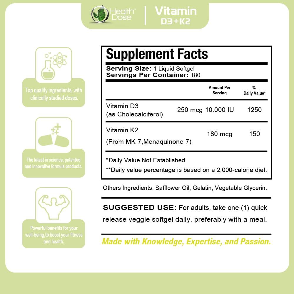 Health Dose Health Dose Vitamin D3 10,000 IU + K2 (MK7) Supplement, 2-in-1 Formula, Immune Support, a Healthy Mood, Heart, Joint, Teeth, Bone Health, Calcium Absorption, 180 softgels. (2)