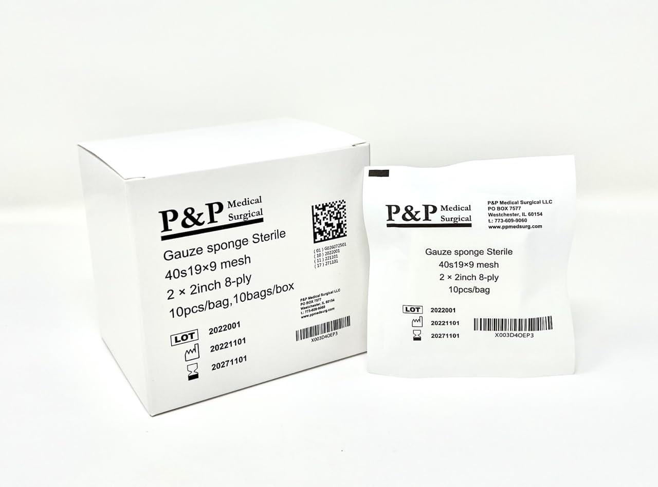 P&P Medical Surgical Gauze Surgical Sponges Cotton STERILE Woven 8-ply High Grade Quality 2\"x2\" Class I(a) All Purpose Pads Box of 100