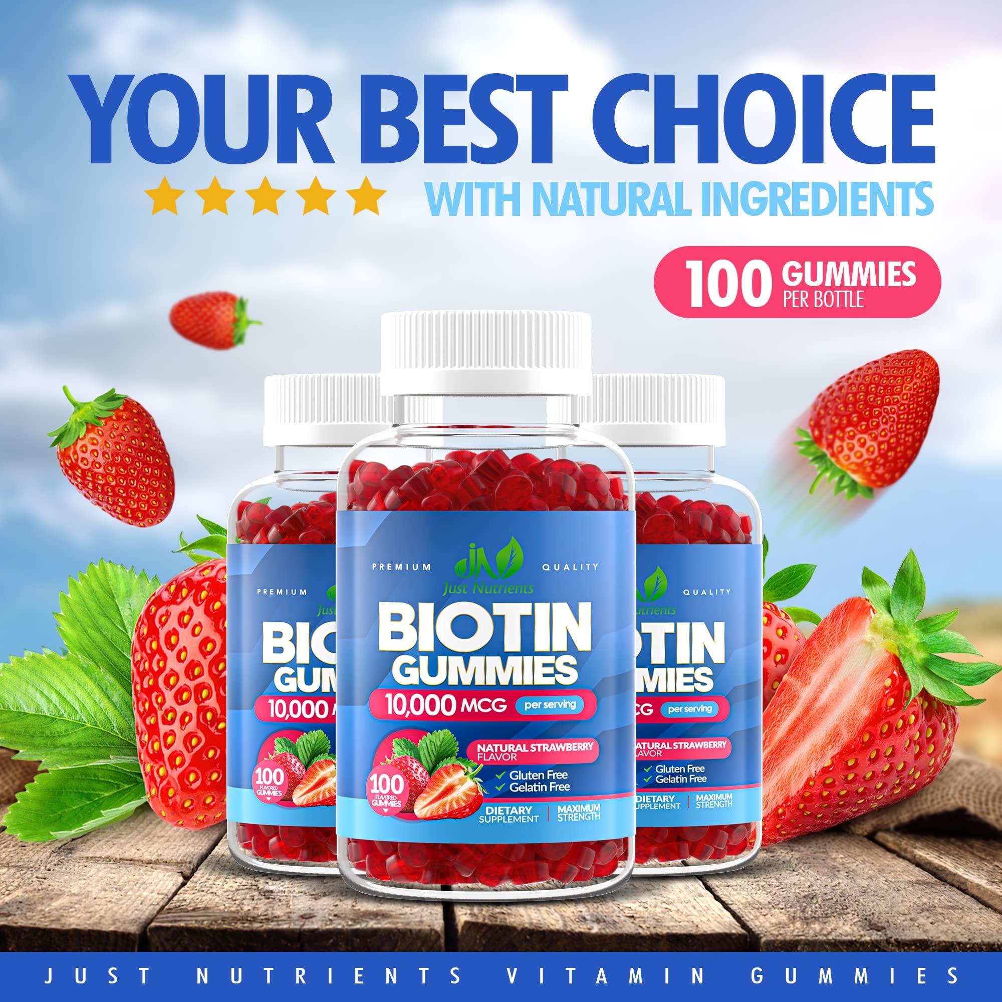 Just Nutrients Biotin 10,000mcg Gummies for Women & Men (100 Count) - 2x Extra Strength Biotin for Hair Growth, Skin & Nails - Gluten-Free, Vegan, Non-GMO, Great Tasting Strawberry Flavor - 100 Gummies