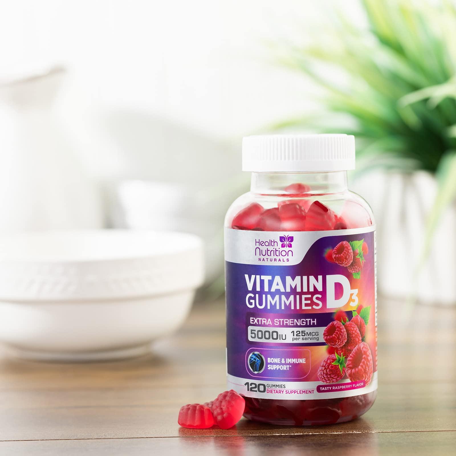 Health Nutrition Naturals Vitamin D3 Gummies Extra Strength 5000 IU (125 mcg) - Bone, Teeth, Muscle & Immune Support Vitamin D Gummy Dietary Supplement, Nature\'s Berry Vitamin D Supplement, Non-GMO - 120 Gummies