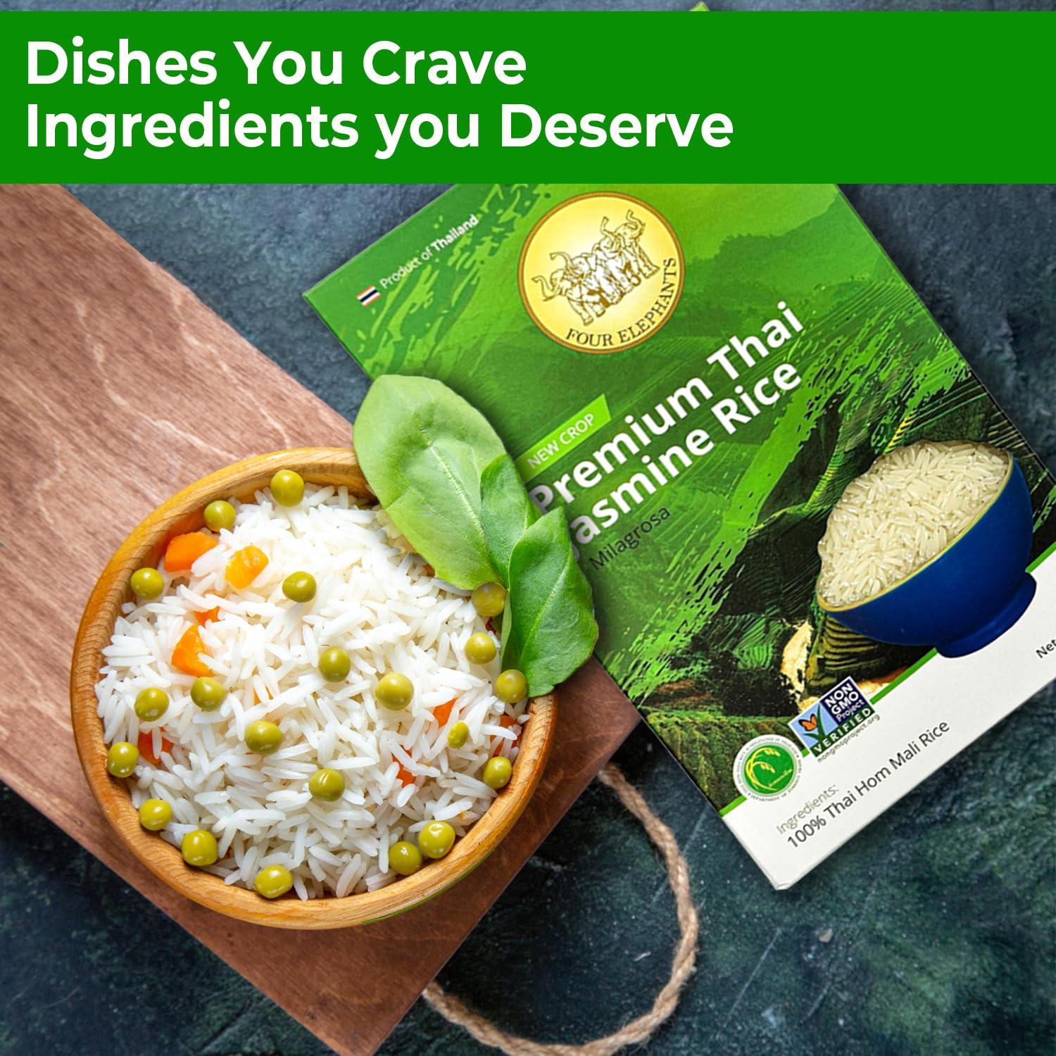 Four Elephants 5 Pounds (LBS) Premium Thai Hom Mali Jasmine Rice | Endorsed By Pro Chefs | Four Elephants Brand | DIY Friendly Cooking Instructions Packaging