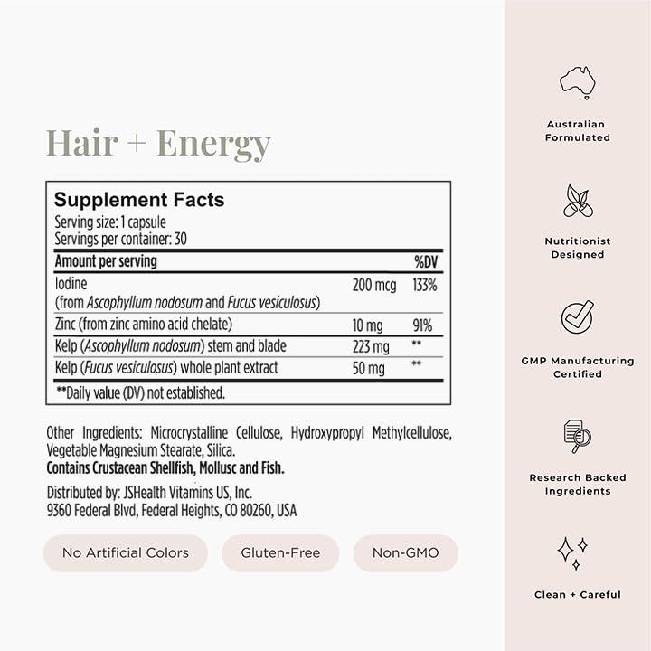 JSHealth JSHealth Vitamins Hair and Energy Formula - Hair & Scalp Support Supplement with Iodine and Zinc - 30 Capsules