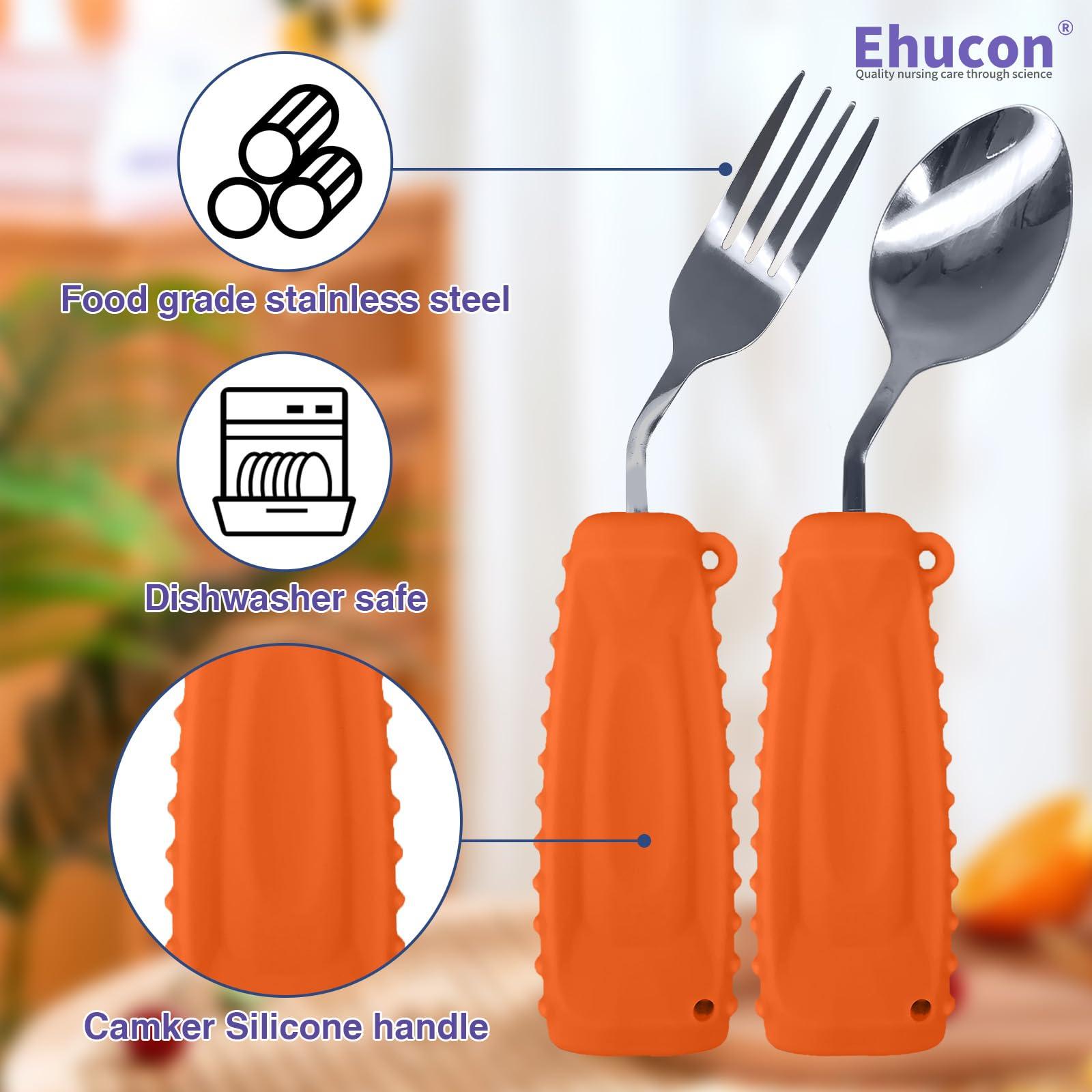 Ehucon Ehucon Adaptive Utensils,Weighted Angled Silverware,Parkinsons Aids,Angled Silverware Spoon and Fork Set for Elderly, Arthritis, Dementia, Disable, Handicapped Hands (Left Hand,Pack of 2,Orange)