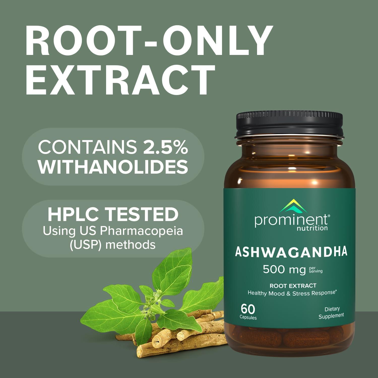 Prominent Nutrition Prominent Nutrition Ashwagandha Supplement, Clinically Researched Shagandha Root Extract for Healthy Mood and Stress Support, Standardized to 2.5% Withanolides, 500 mg, 60 Vegan Capsules