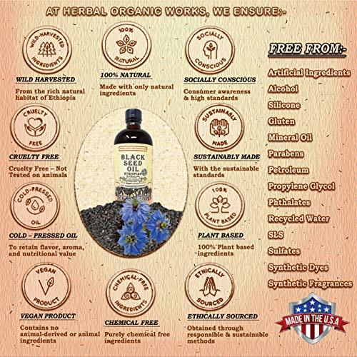 Herbal Organic Works Black Seed Oil 8oz. 100% Ethiopian Pure Black Cumin Seed Oil, 100% Natural Nigella Sativa. 3 Times More Thymoquinone, Cold Pressed in Glass Bottle