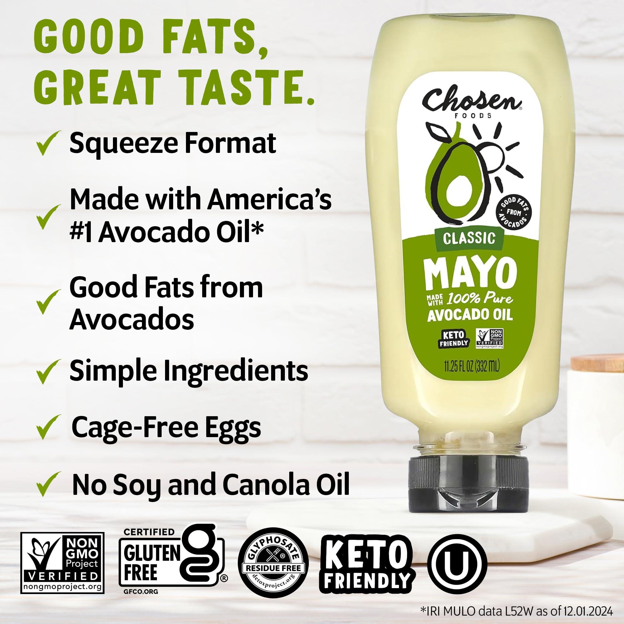Chosen Foods Chosen Foods 100% Avocado Oil-Based Classic Mayonnaise, Gluten & Dairy Free, Low-Carb, Keto & Paleo Diet Friendly, Mayo for Sandwiches, Dressings and Sauces, Made with Cage Free Eggs (11.25 fl oz, 2 Pack)
