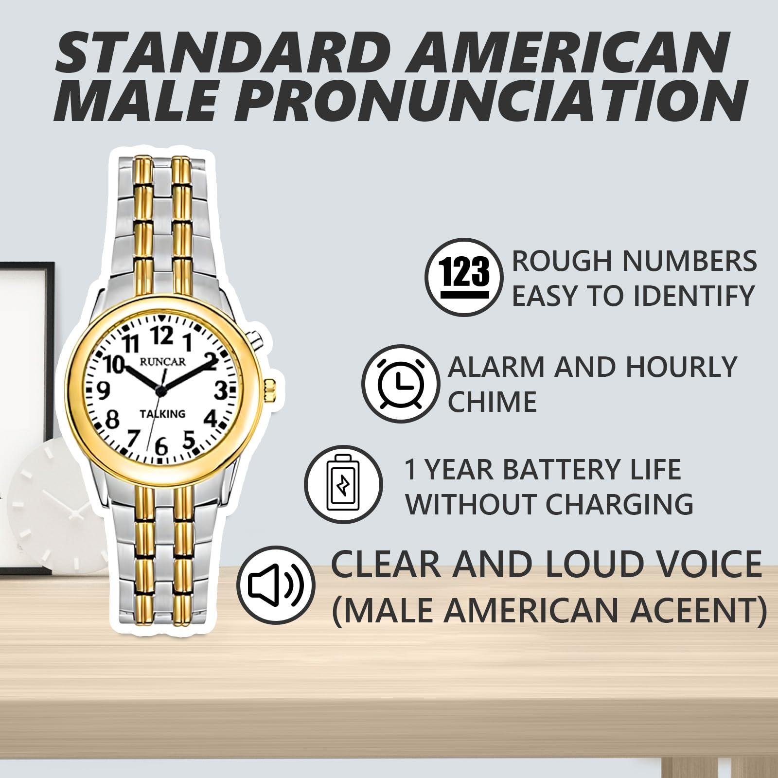 RUNCAR RUNCAR American English Talking Watch for Men Speaks The Time, Date and Alarm Time Clearly and Loudly for The Visually Impaired Seniors Blind