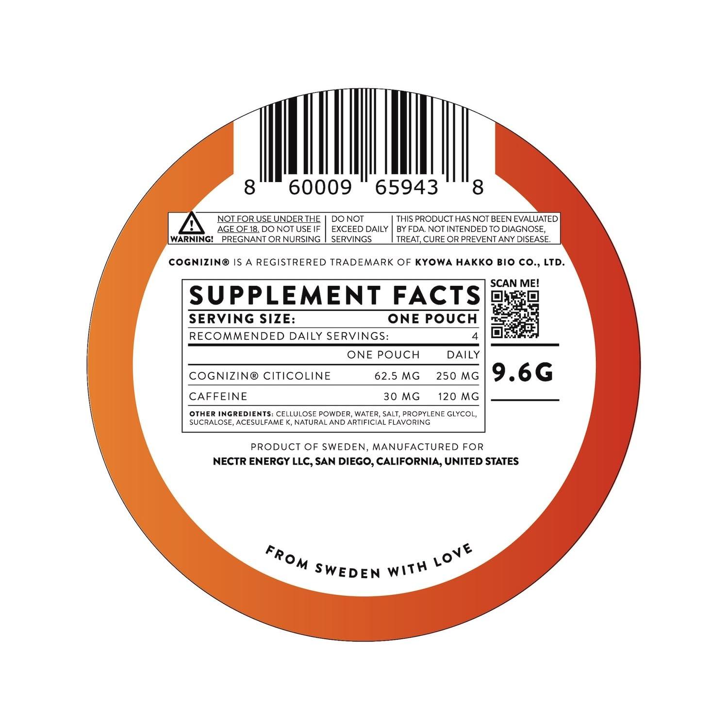 Nectr Nectr Nootropic Energy Pouches, Focus & Energy, Iced Mango, Cognizin 62.5 mg, Caffeine 30 mg, 16 Pouches, Neuro Support, Sugar Free, 5 Pack of Cans