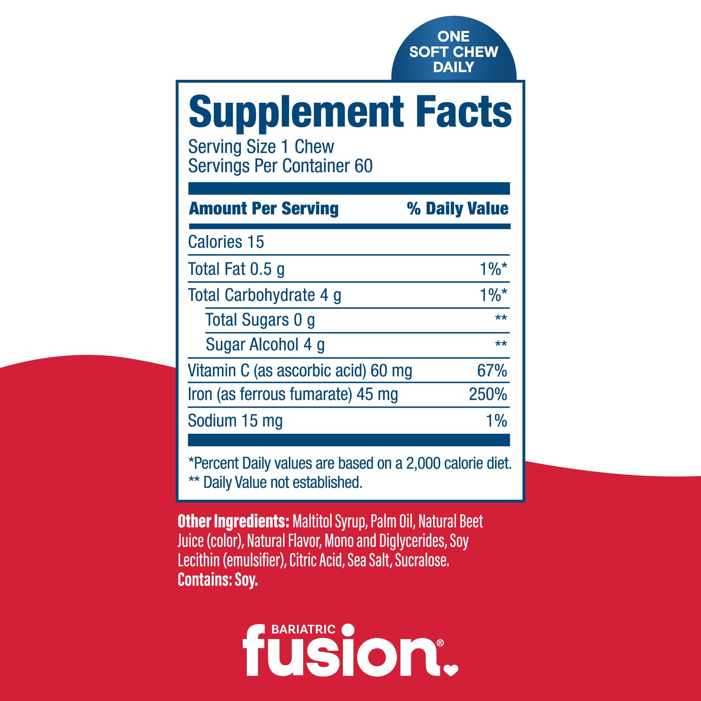 Bariatric Fusion Bariatric Fusion Iron Supplement for Women Anemia | Chewable Iron with Vitamin C | Cherry Flavored Soft Chew | Gentle on Stomach Ferrous Fumarate for Women and Men | Gluten Free | 60 Count