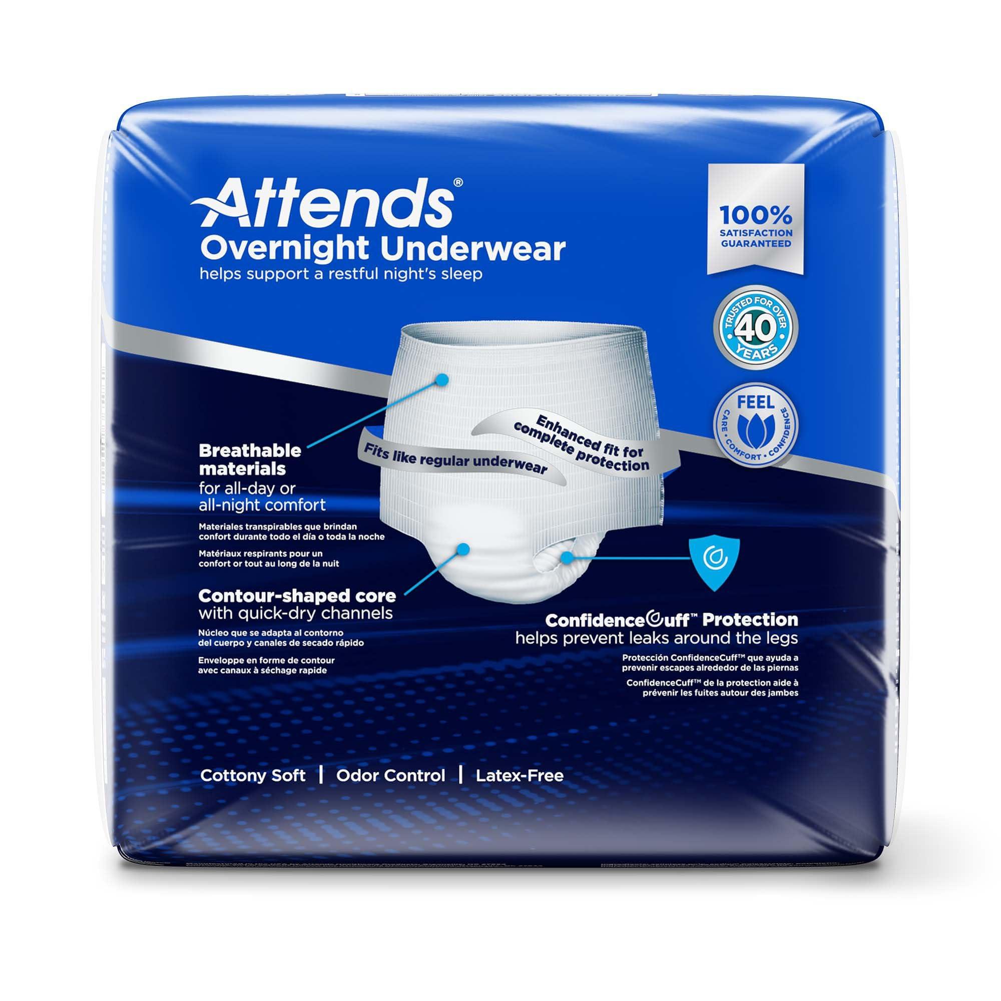Attends Attends Overnight Underwear for Adult Incontinence Care with ConfidenceCuff™ Protection, Overnight Absorbency, Unisex, X-Large, 12 Count (x4)