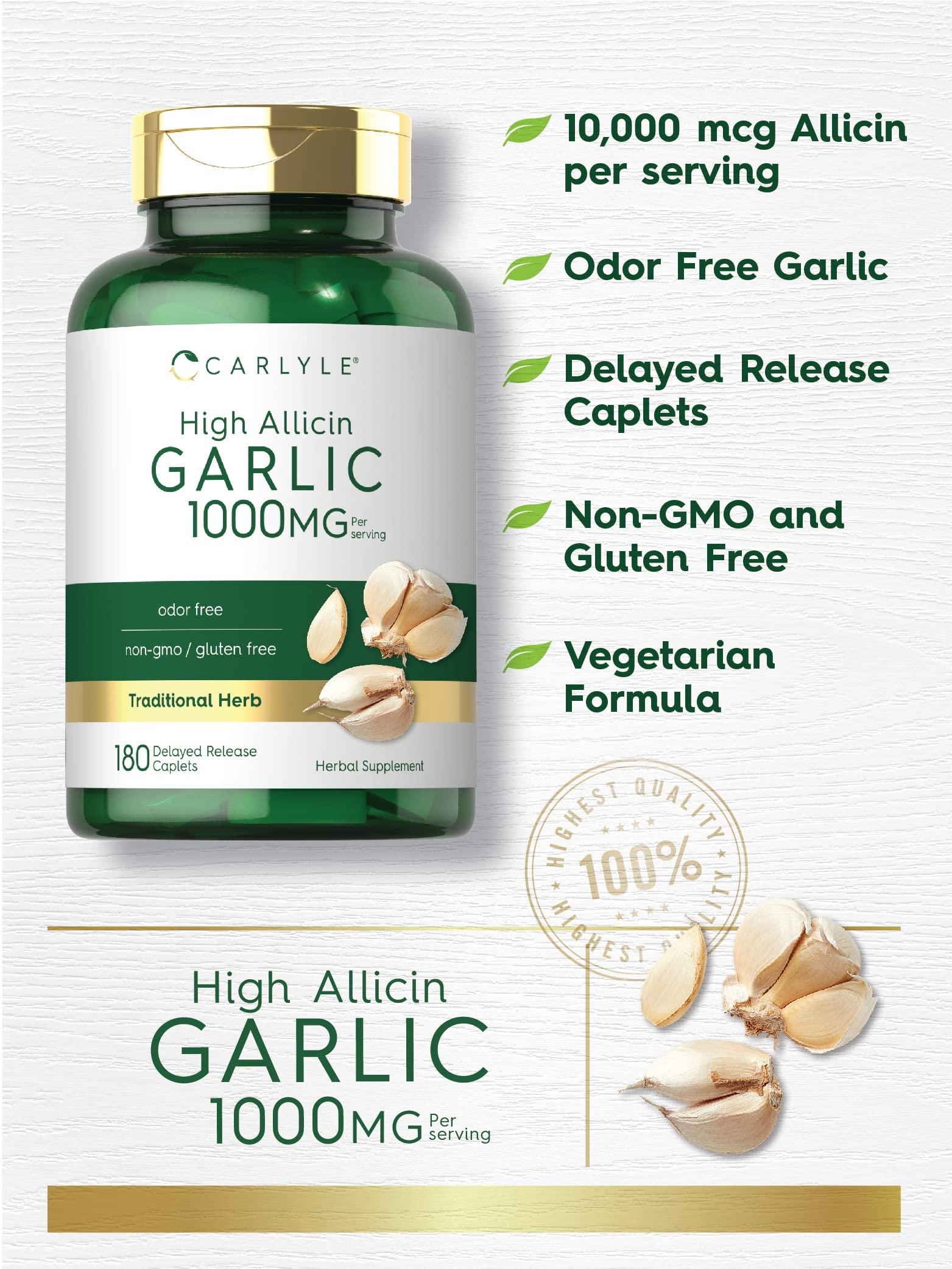 Carlyle Carlyle Garlic Supplement 1000mg | 180 Caplets | Odorless Pills | High Allicin Extract | Vegetarian, Non-GMO & Gluten Free