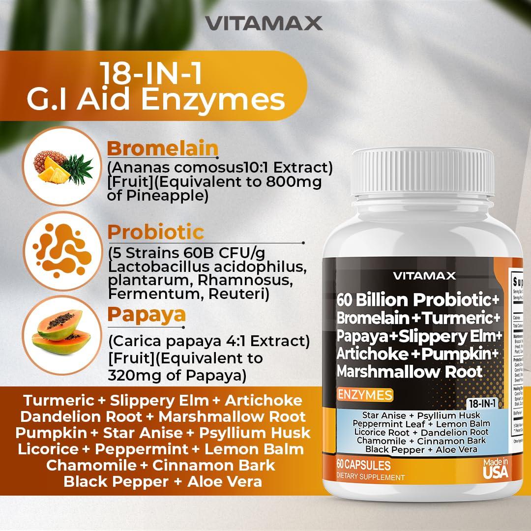 Vitamax Vitamax 60B Probiotic Digestive Gut Health Supplement - Slippery Elm, Coriander, Papaya, Turmeric, Ginger, Psyllium Husk, Licorice, Marshmallow Root - Men & Women - Made in USA (60 Count (Pack of 1)