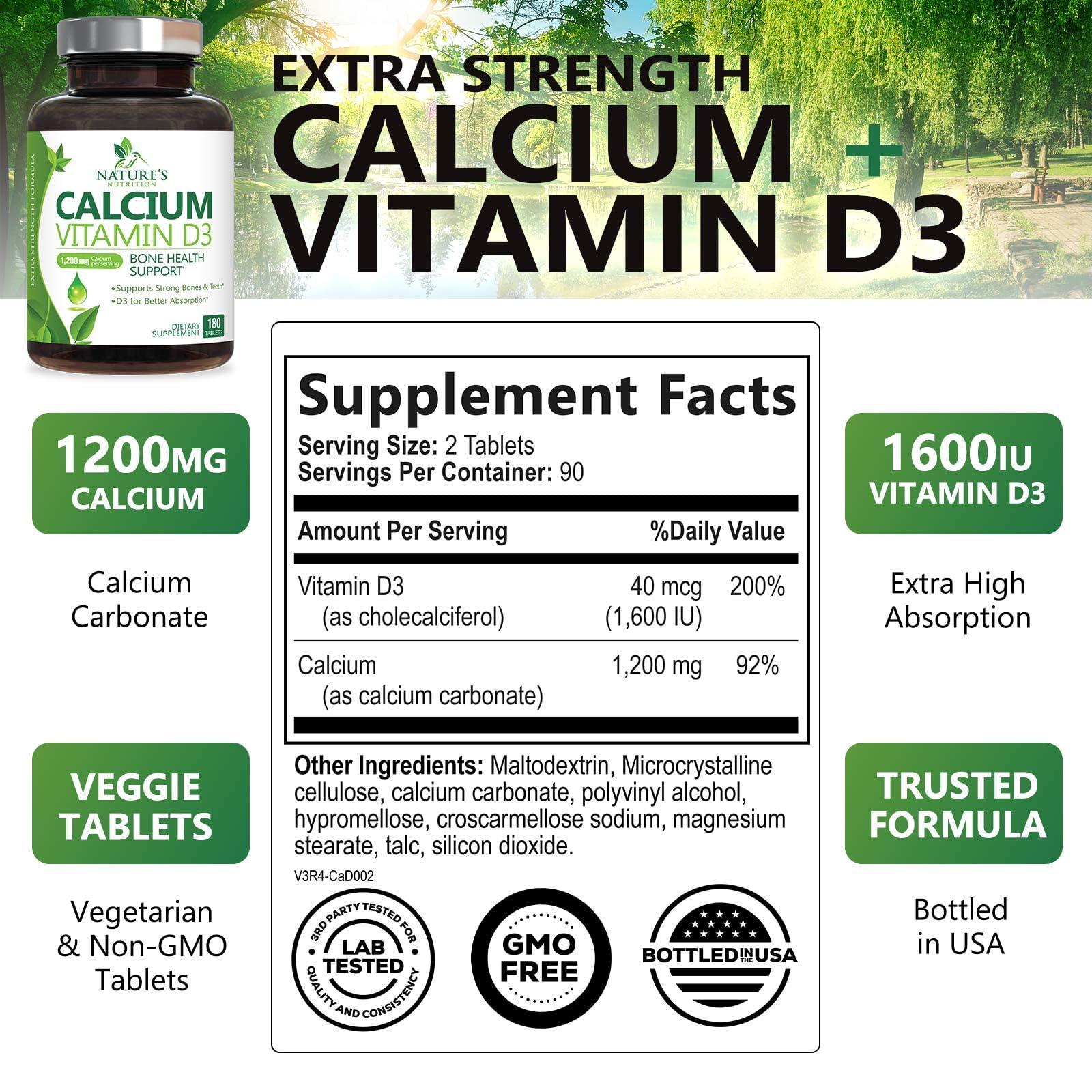 Nature's Nutrition Calcium 1200 mg with Vitamin D3, Calcium Supplement Vitamins, Supports Bone Strength, Teeth & Immune System, Calcium Supplements for Women & Men, Nature\'s Absorbable Calcium Carbonate - 180 Tablets