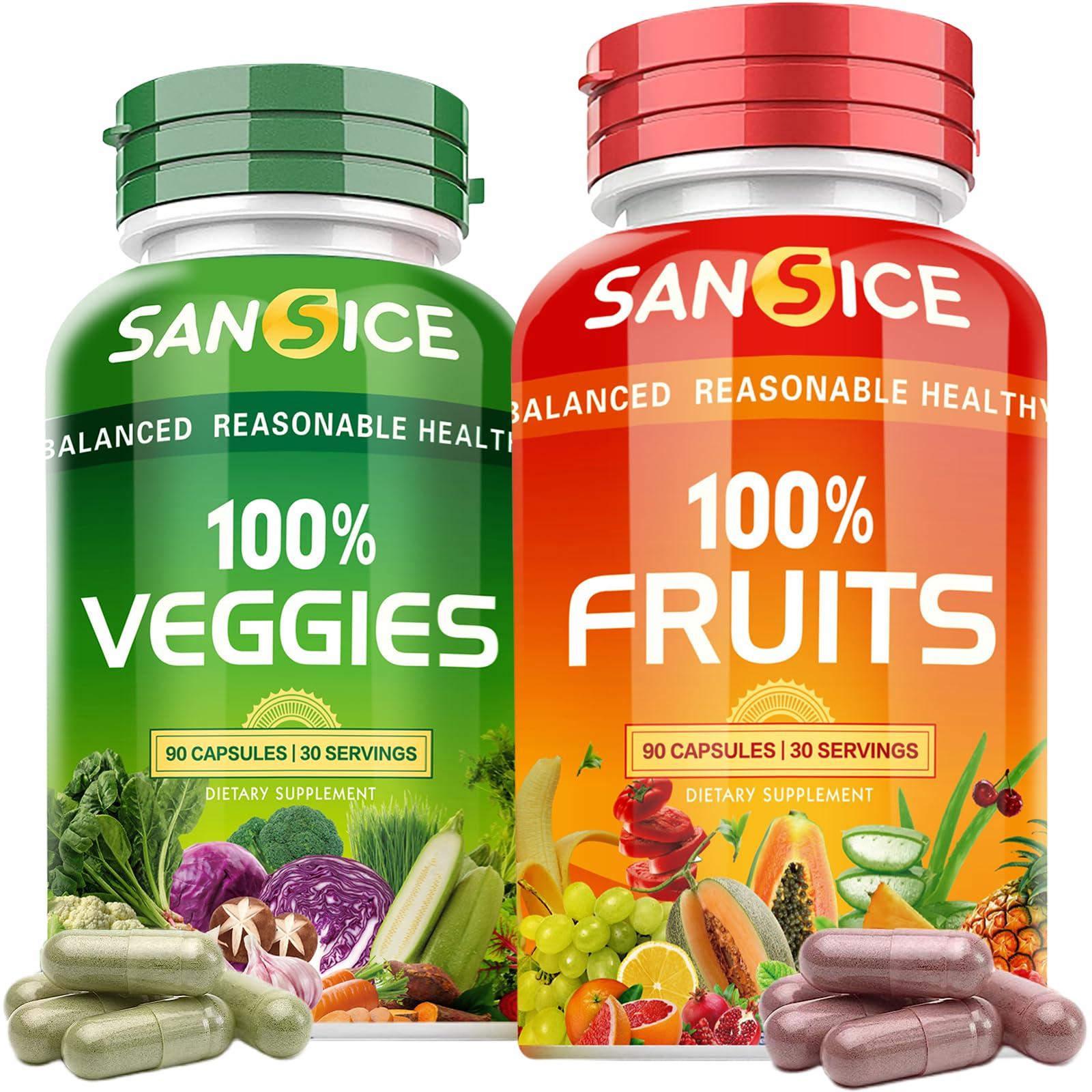 SANSICE SANSICE Fruits and Veggies Supplement, 100% Natural Fruit and Vegetable Vitamins Soy Free & Non-GMO Vegetable and Fruit Supplements for Women Men and Kids - 90 Fruit Capsules, 90 Veggie Capsules