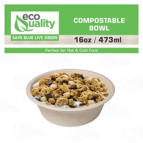 EcoQuality [150 Pack] 16 oz Compostable Paper Bowls Heavy-Duty Disposable Bowls, Eco-Friendly Natural Bagasse Unbleached, Hot or Cold Use, 100% Biodegradable Soup Bowls Sugarcane
