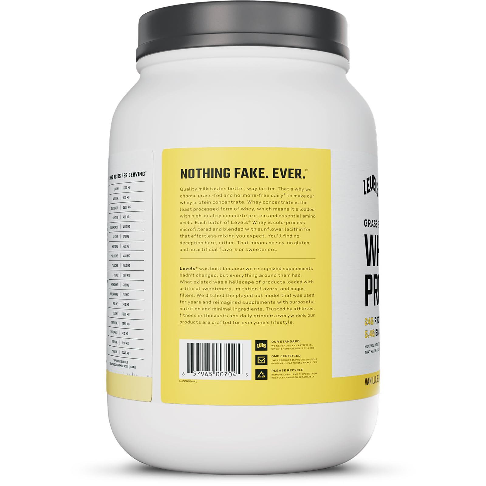 Levels Nutrition Levels Grass Fed Whey Protein, No Artificials, 24G of Protein, Vanilla Bean, 2LB