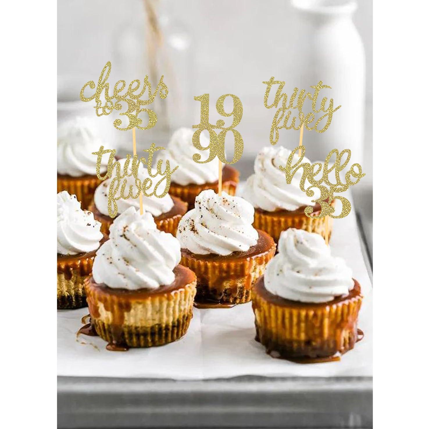 Moitkptt 24Pcs Glitter 35th Birthday Cupcake Toppers, Hello 35th Birthday Cake Topper- 35th Birthday Decorations for Celebrating Thirty-Five Years Old Birthday Party (Gold)