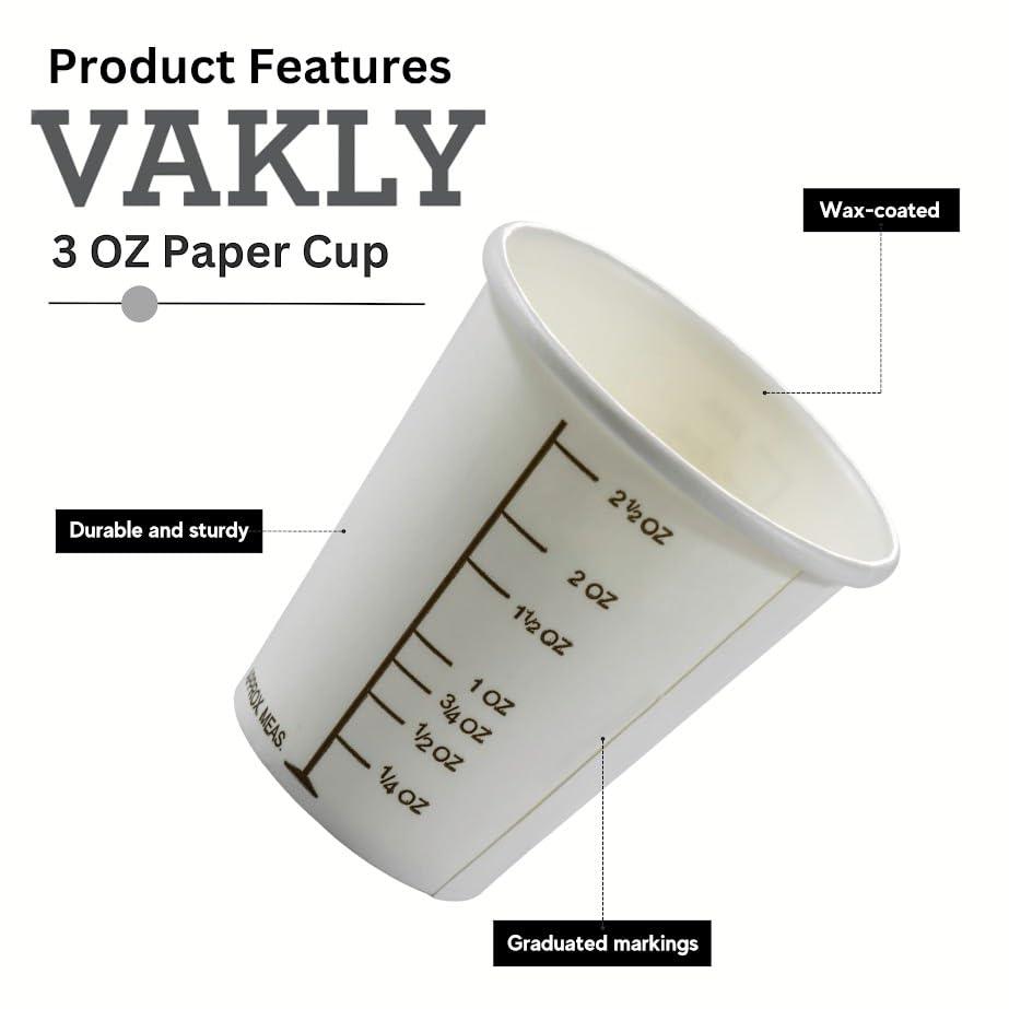 Vakly 3 oz Graduated Paper Cups [125] Disposable Wax Coated Medicine Cups with Clear Measurements on Each Cup for Measuring Fluid Intake and Urine Output as well as Cooking, Mixing Paint, Stain, Epoxy (125)