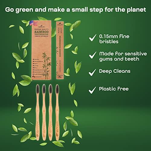rebEarth Bamboo Aesthetic Toothbrush Wood Set of 4 | Ultra Soft Bristles | Black Charcoal Infused | American Brand | Upgrade Hygiene & Reduce Waste | Brushes Teeth Care | Earth Friendly | Plant Based