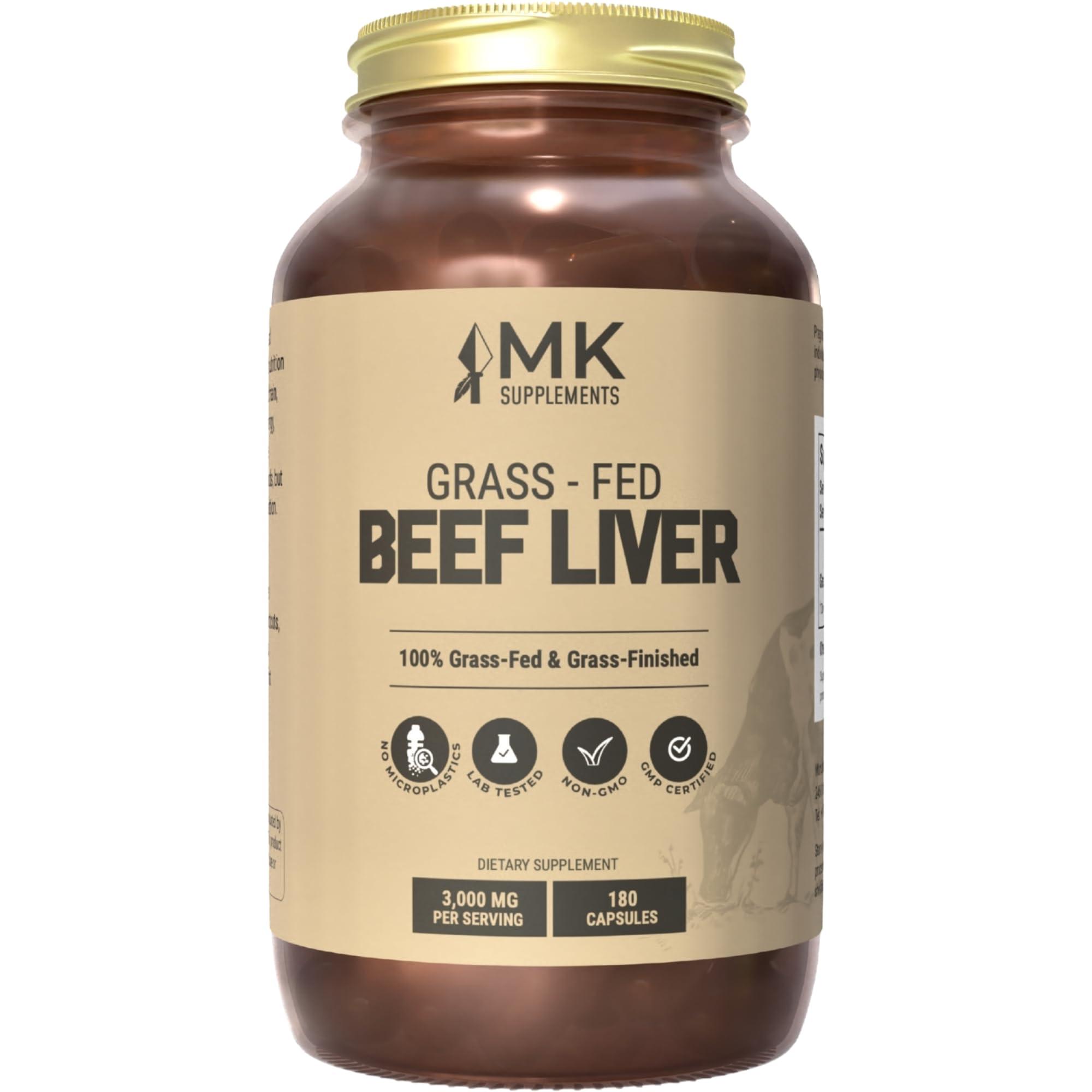MK Supplements MK Supplements Grass Fed Beef Liver 3000 mg, Freeze-Dried Beef Liver Capsules, 100% Pasture-Raised in New Zealand, 180 Liver Capsules, 45-Day Supply