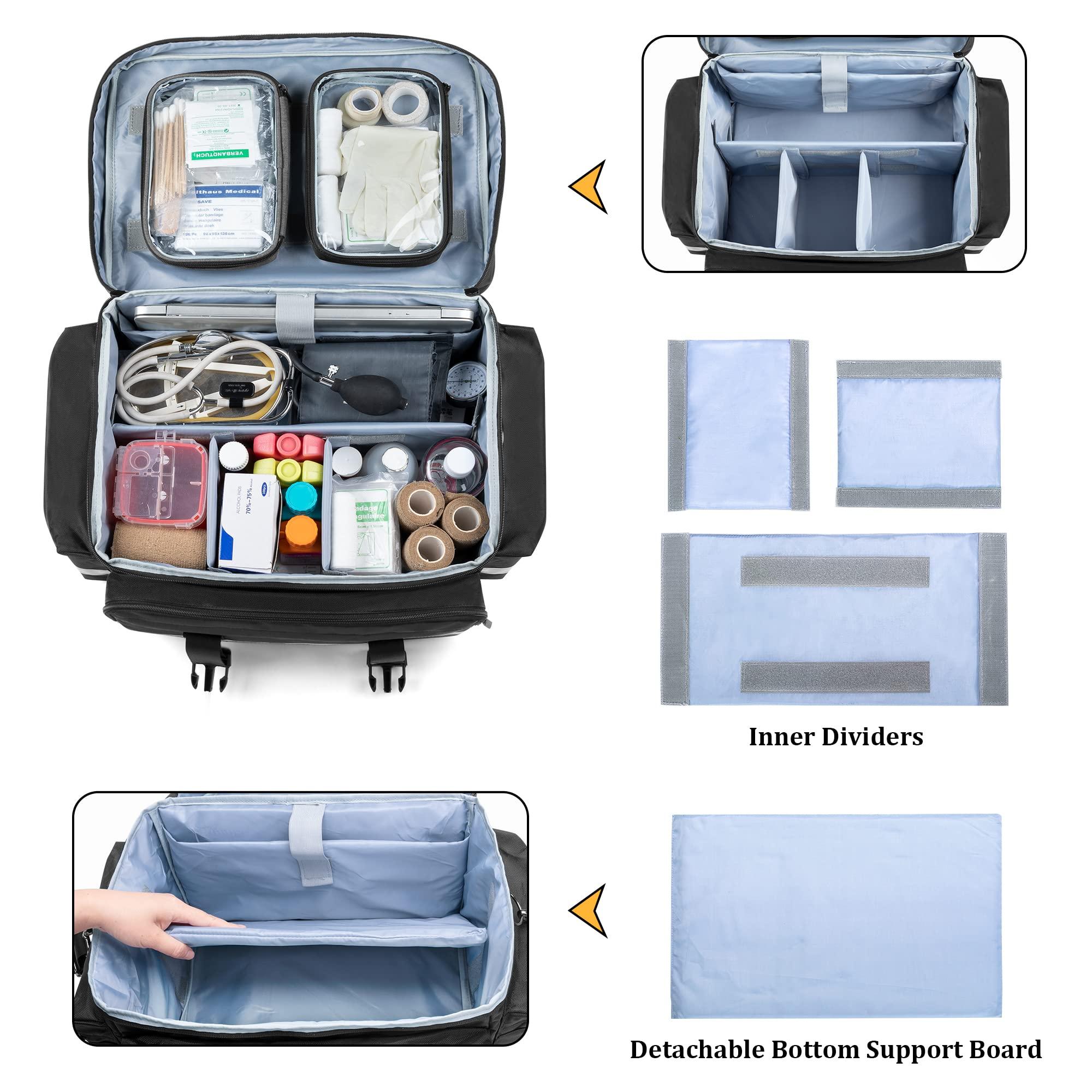 Damero Damero Rolling Medical Bag with Detachable Trolley, Medical Equipment Bag with Removable Pouches and Dividers, First Aid Responder Bag Empty for Home Health Nurses, Doctors, EMT, EMS, Black