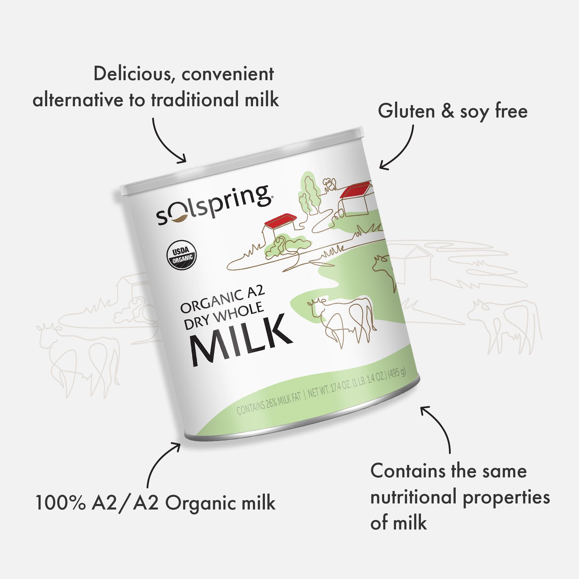 Dr. Mercola Solspring Organic A2 Dry Whole Milk, 15 Servings, 17.4 Oz. (495 g), Contains 26% Milk Fat, Gluten Free, Soy Free, Certified USDA Organic, Dr. Mercola