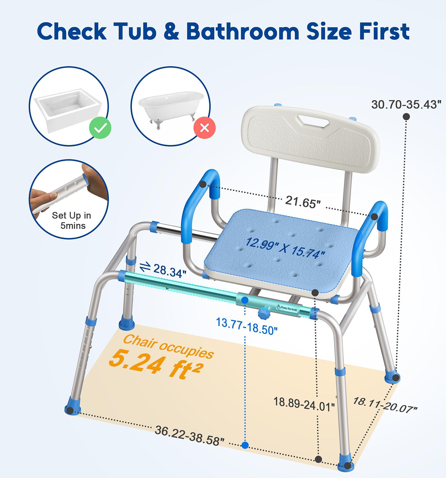 Bluelog Bluelog FSA/HSA Eligible Sliding Shower Chair with Extra-Wide 360 Swivel Seat, 330lbs Tub Transfer Bench, Non-Slip & Padded Arms, Adjustable Height for Elderly & Disabled Inside Shower, Rectangular