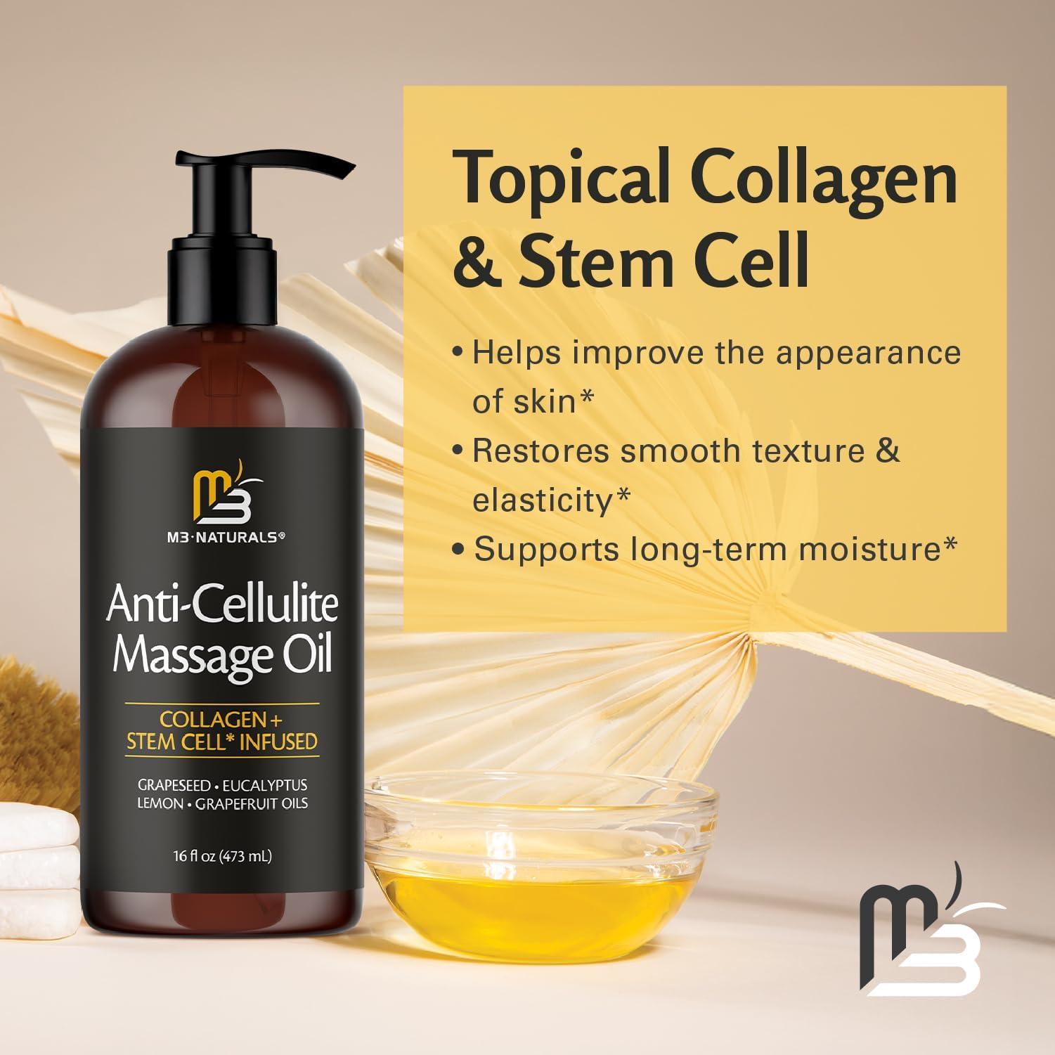 M3 Naturals Anti-Cellulite Massage Oil, 2 Pack, Collagen and Stem Cell Skin Tightening Therapy for Women, 8 Fl Oz Each by M3 Naturals