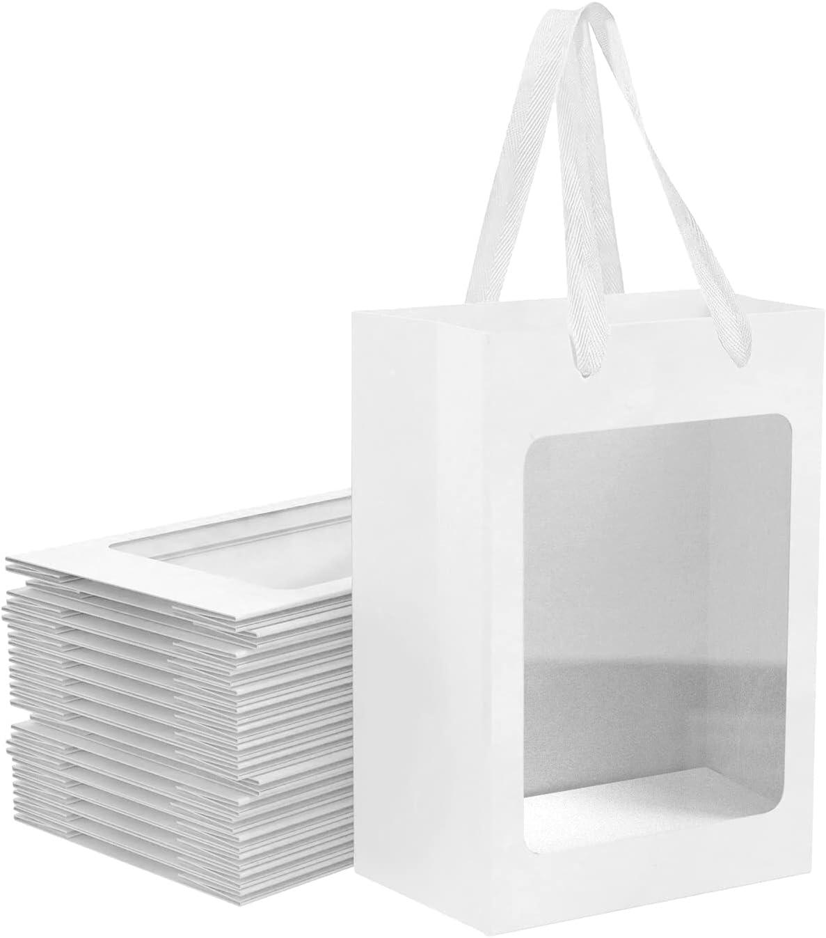 BallHull 12 Pcs White Kraft Paper Gift Bags with Transparent Window, 9.84\"x7.0\"x5.12\" Kraft Shopping Bags with Handles for Present, Festivals Party