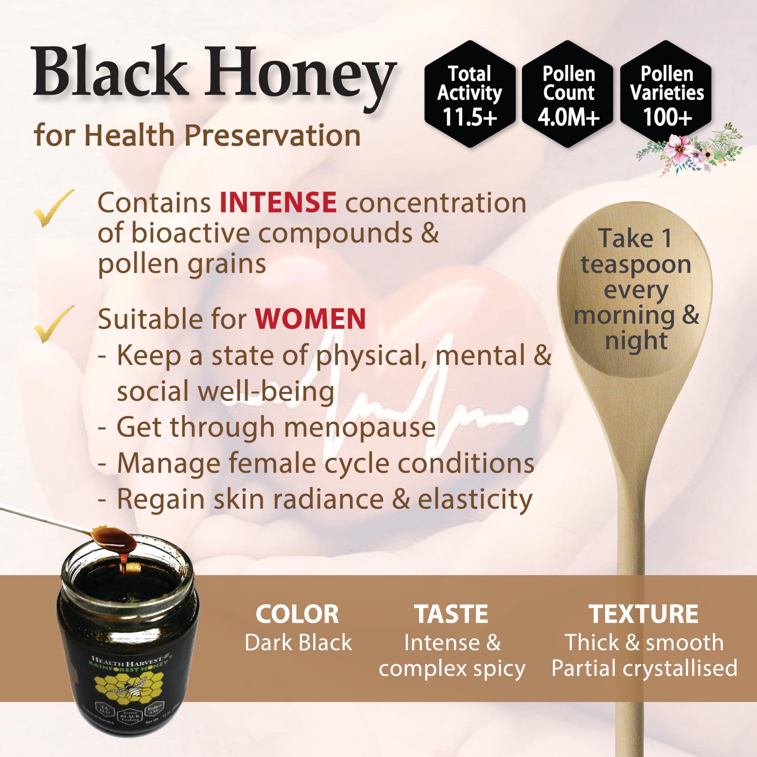 Health Harvest Tualang Black Honey 10oz (TA 11.5+, Pollen Count 4.0M+, Pollen Variety 100+) Intense Choice for Women Preservation, Wild-ripening on 250ft Treetop, Raw, Unpasteurised, Unfiltered