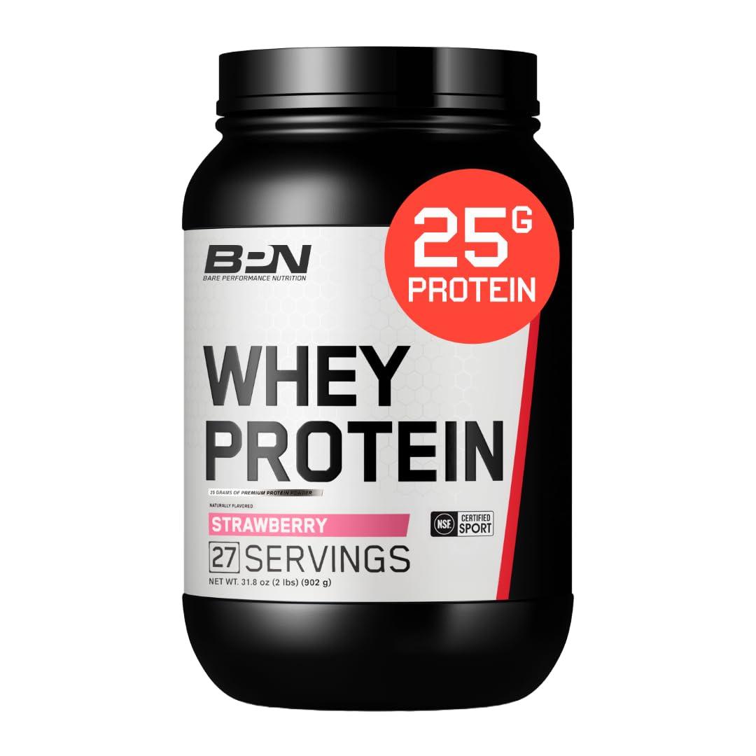 BARE PERFORMANCE NUTRITION BARE PERFORMANCE NUTRITION, BPN Whey Protein + Casein Protein Powder Blend, Strawberry, 25g Protein per Serving Supports Lean Muscle Recovery, 27 Servings, Third Party Tested