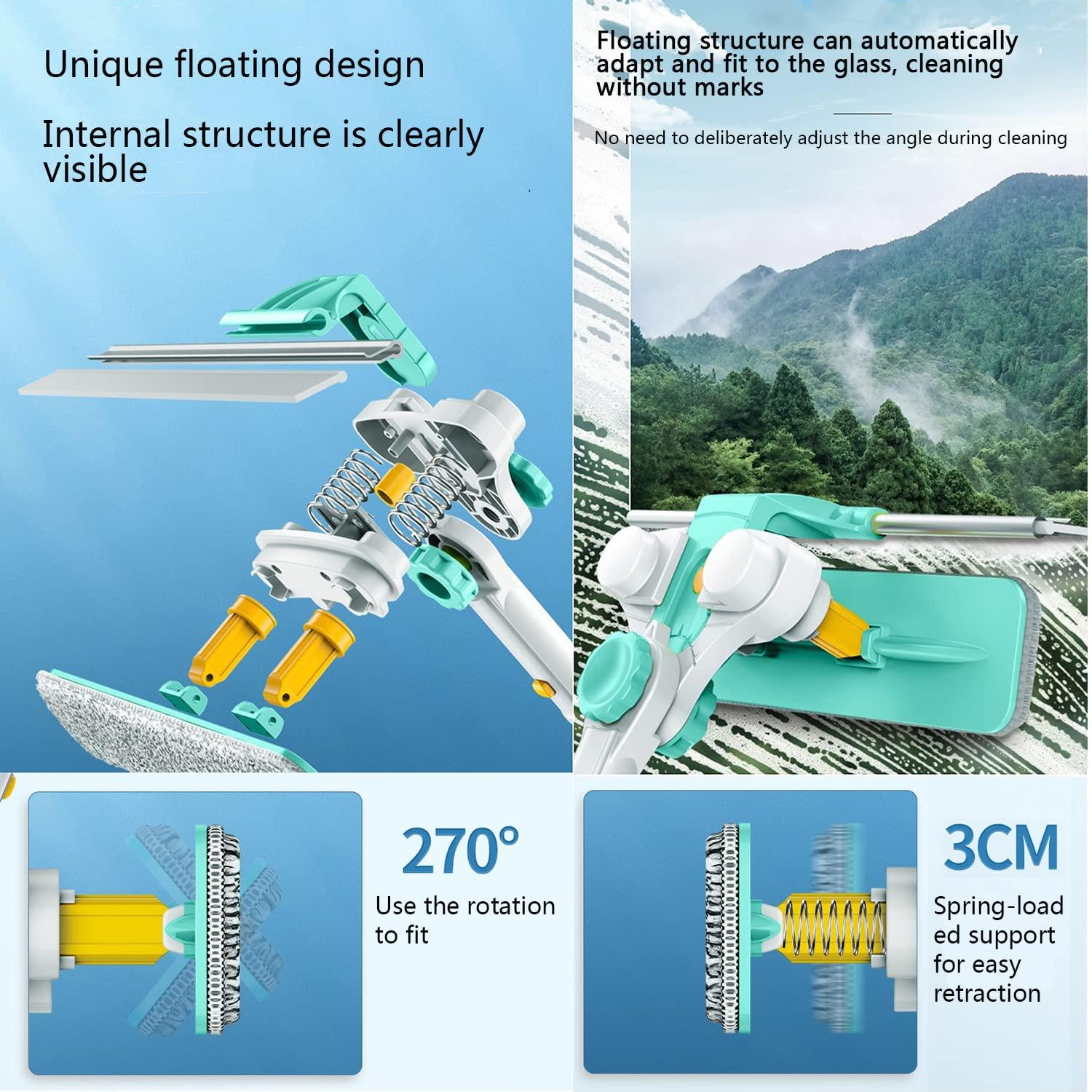 WWBDZSW Window Cleaner Tool Kit with Telescopic U Shaped Pole,Squeegee for Window Washing,Rotatable Cleaning Head and Floating Mechanism,Clean without Leaving Dead Ends-green||Floating 3 cloth