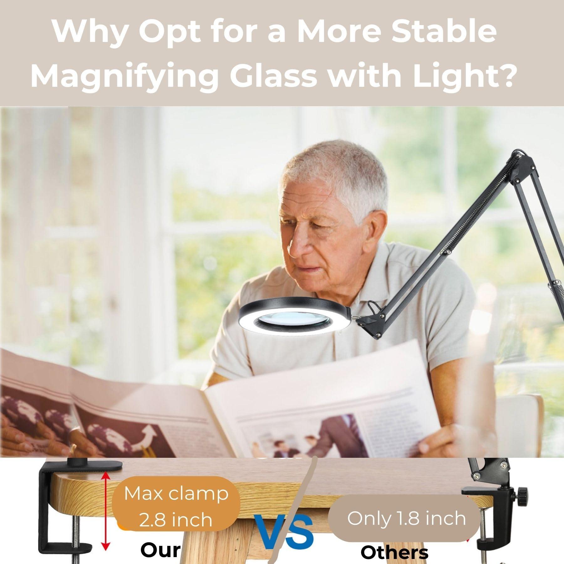 MagnieOpti 10X Magnifying Glass with Light and Clamp, 5 Color Modes Stepless Dimmable Real Glass Lighted Magnifier, Hands Free LED Magnifying Desk Lamp for Painting Craft Close Work Cross Stitch Sewing Retire