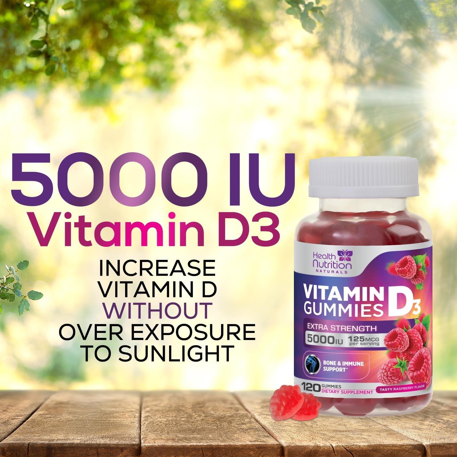 Health Nutrition Naturals Vitamin D3 Gummies Extra Strength 5000 IU (125 mcg) - Bone, Teeth, Muscle & Immune Support Vitamin D Gummy Dietary Supplement, Nature\'s Berry Vitamin D Supplement, Non-GMO - 120 Gummies