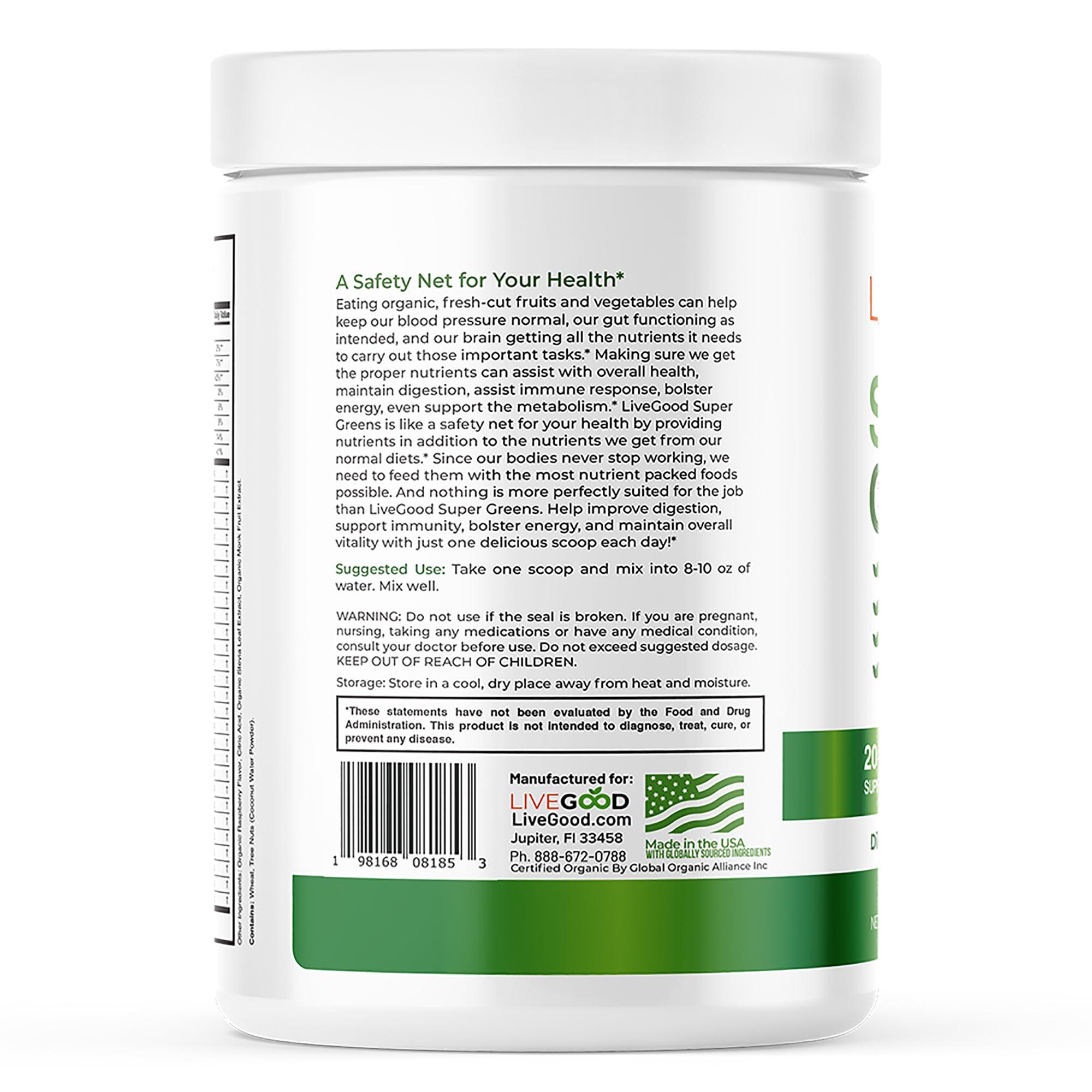 LIVEGOOD LIVEGOOD Organic Super Greens with Wheat, Barley, Oat Grass, Matcha Green Tea, Aloe Vera, Vegan, Gluten Free, 7.2 oz.