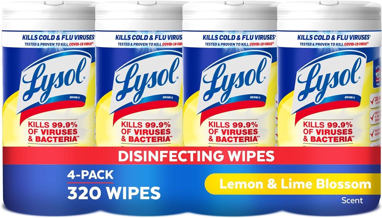 Lysol Lysol Disinfectant Wipes, Multi-Surface Antibacterial Cleaning Wipes, For Disinfecting and Cleaning, Lemon and Lime Blossom, Pack of 4 (Packaging may vary)