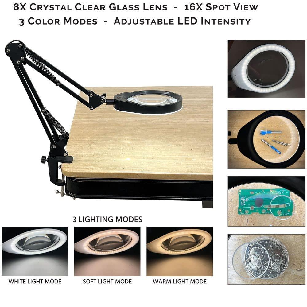iGaging iGAGING Magnifier LED Light Desk Inspection Magnifying Glass Lamp 8X + 16X